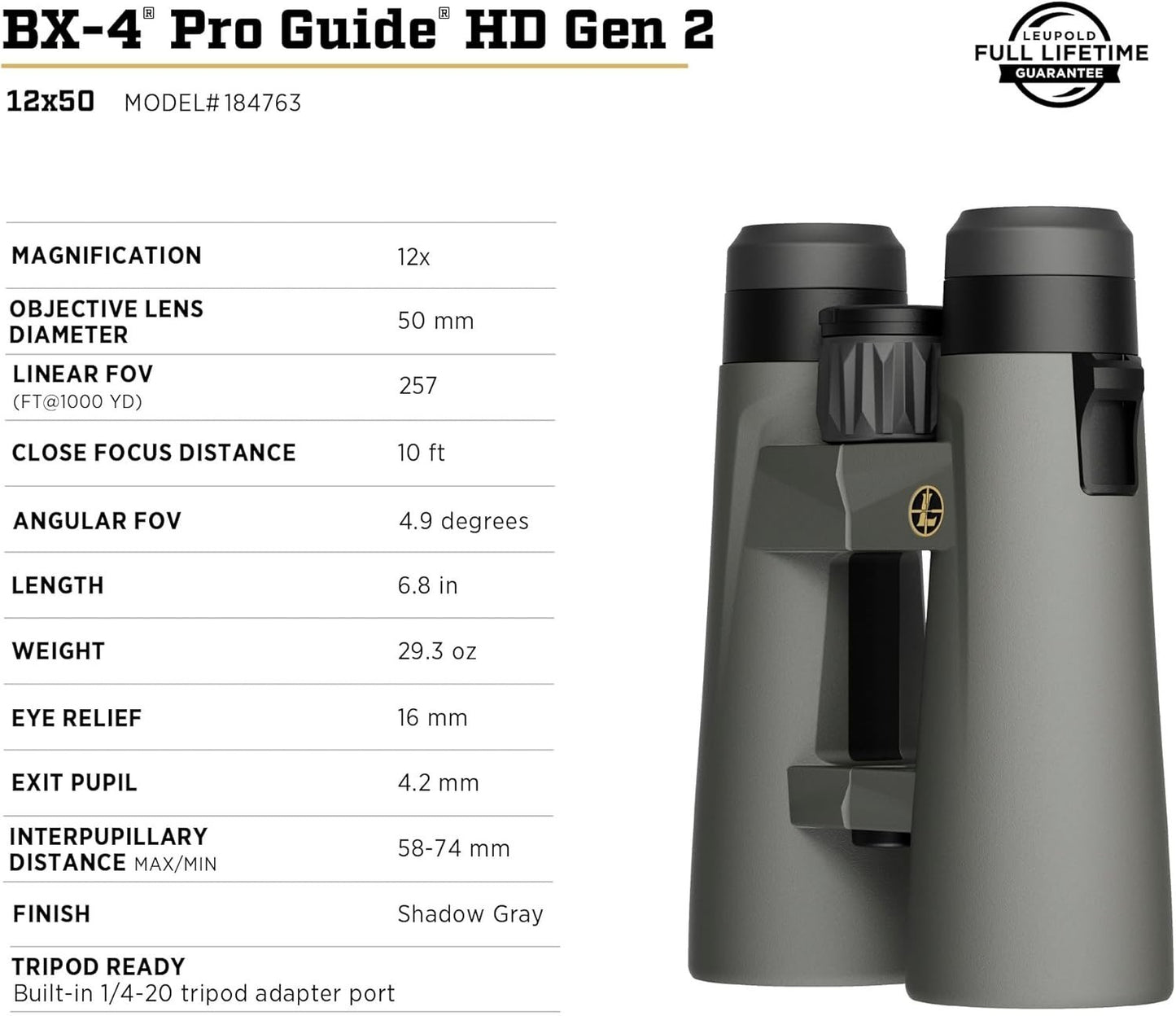 Leupold BX-4 Pro Guide HD Gen 2 Binoculars 12x50mm Shadow Gray 184763