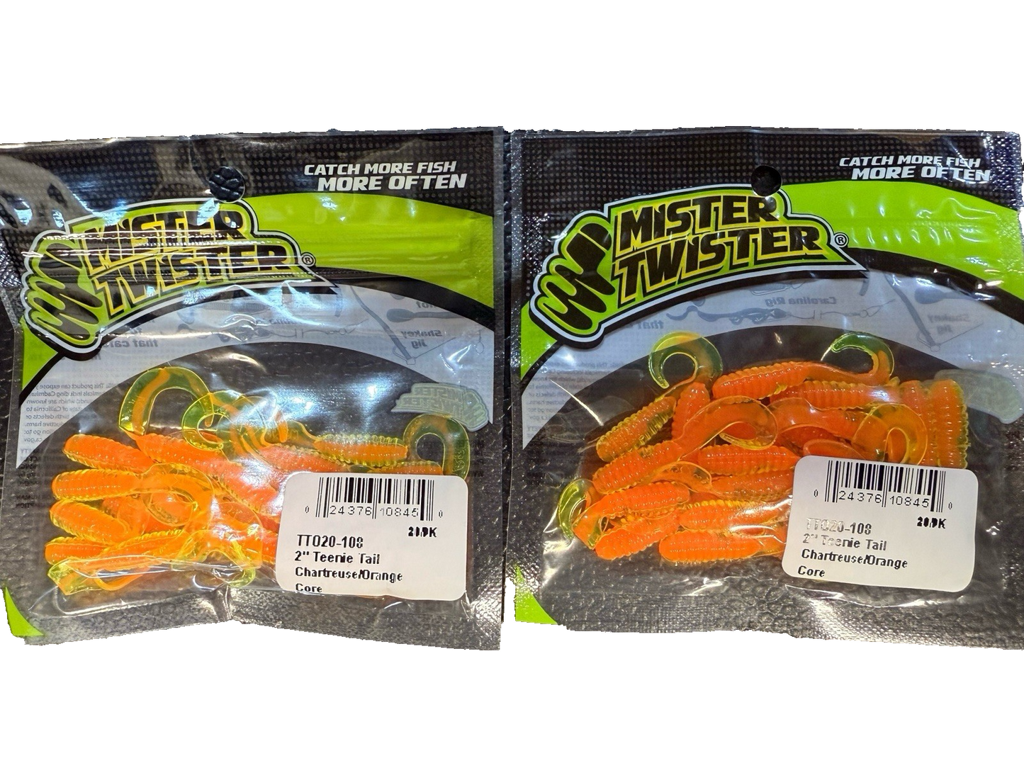 Lot of 2 Mister Twister 2" Teenie Tail Chartreuse/Orange 20 Pack