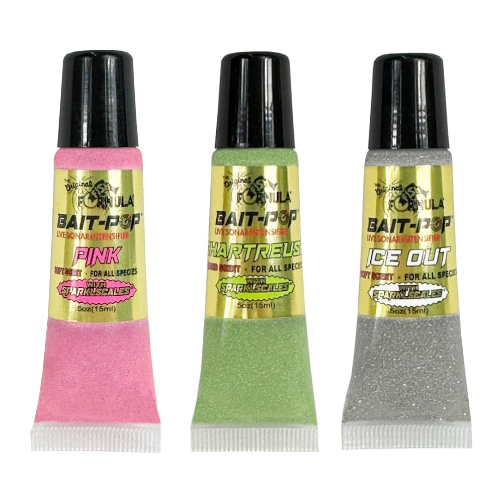 BAIT-POP Bait Pop Jacob Wheeler Pro Pack 1 - Bait Pop Pink, Chartreuse, Ice Out - Live Sonar Intensifier Scented Sparklscales .5oz Tubes
