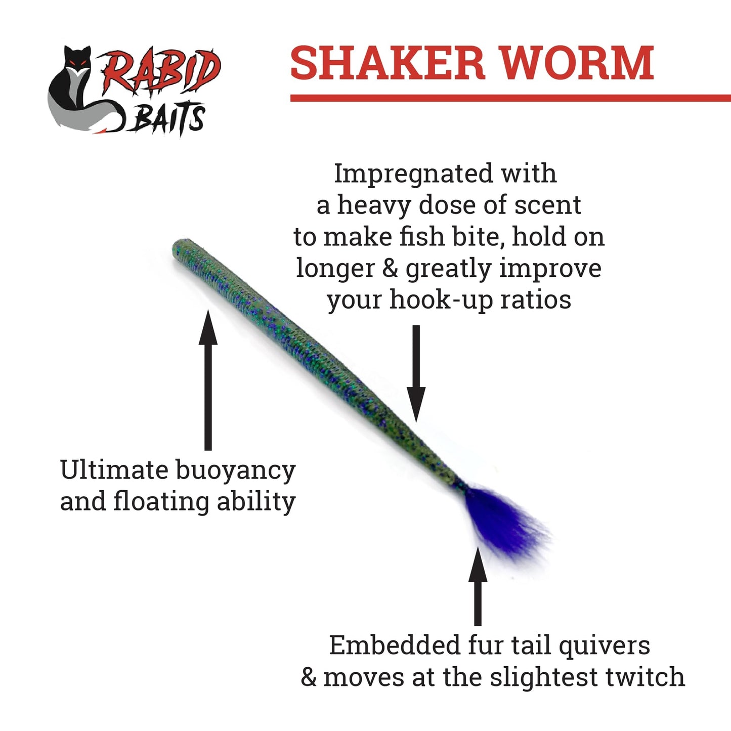 Rabid Baits Shaker Worm, Straight Tail Worm Watermelon, 6" (6 Baits)