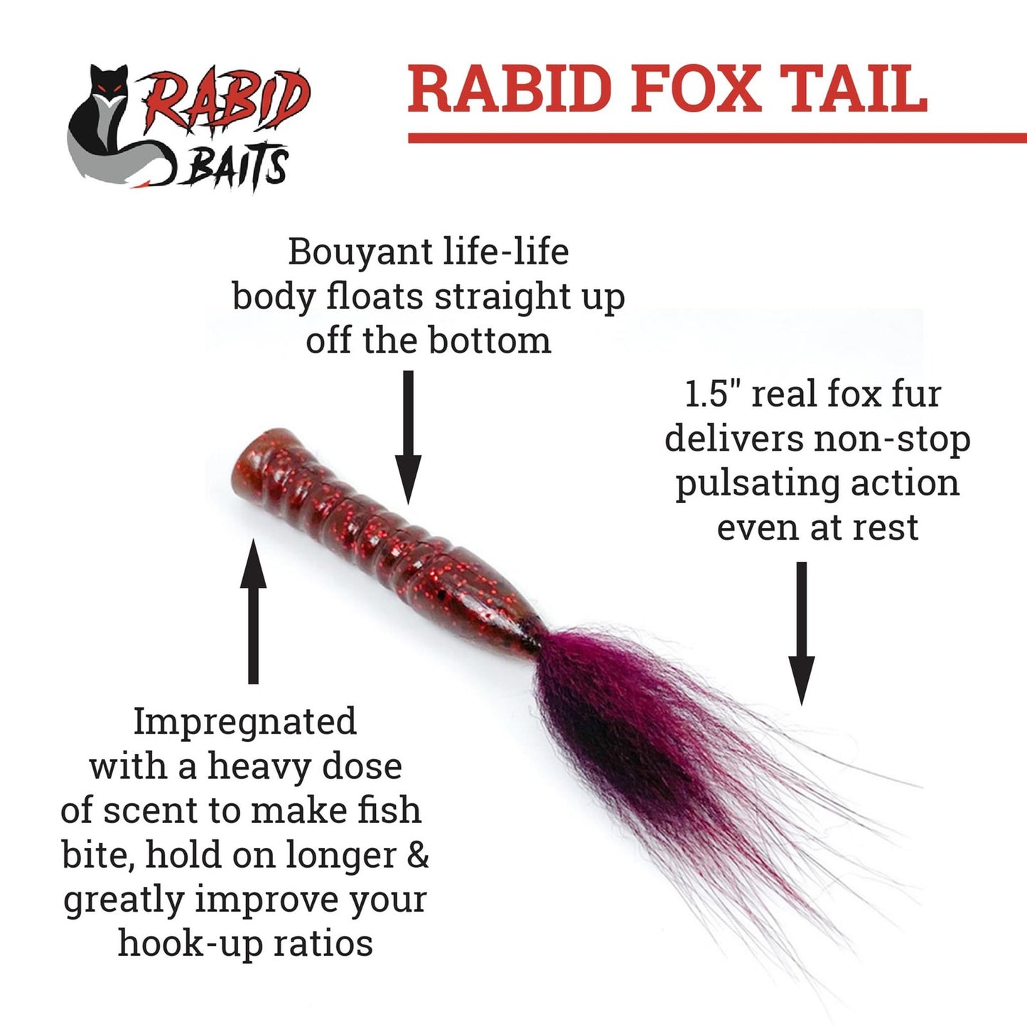 Rabid Baits Fox Tail Soft Plastic Bait, Ned Rig Midnight Magic, 3" (6 Baits)