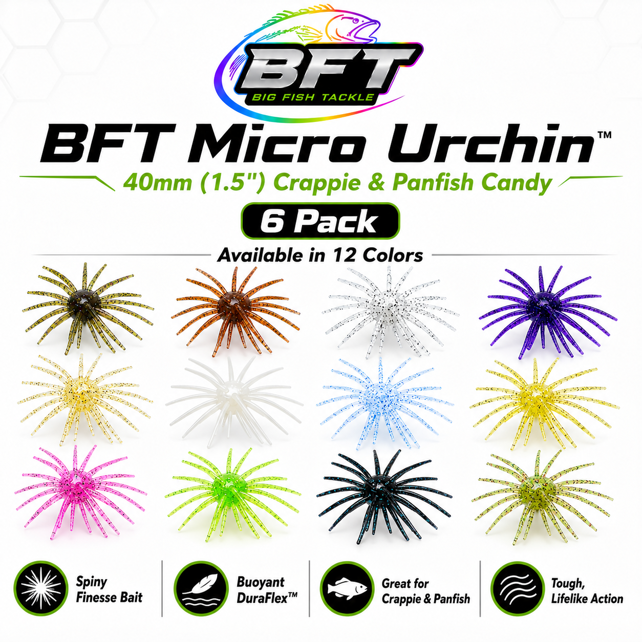 BFT Micro Urchin 1.5in Crappie Panfish Spiny Finesse Bait DuraFlex 6 Pack