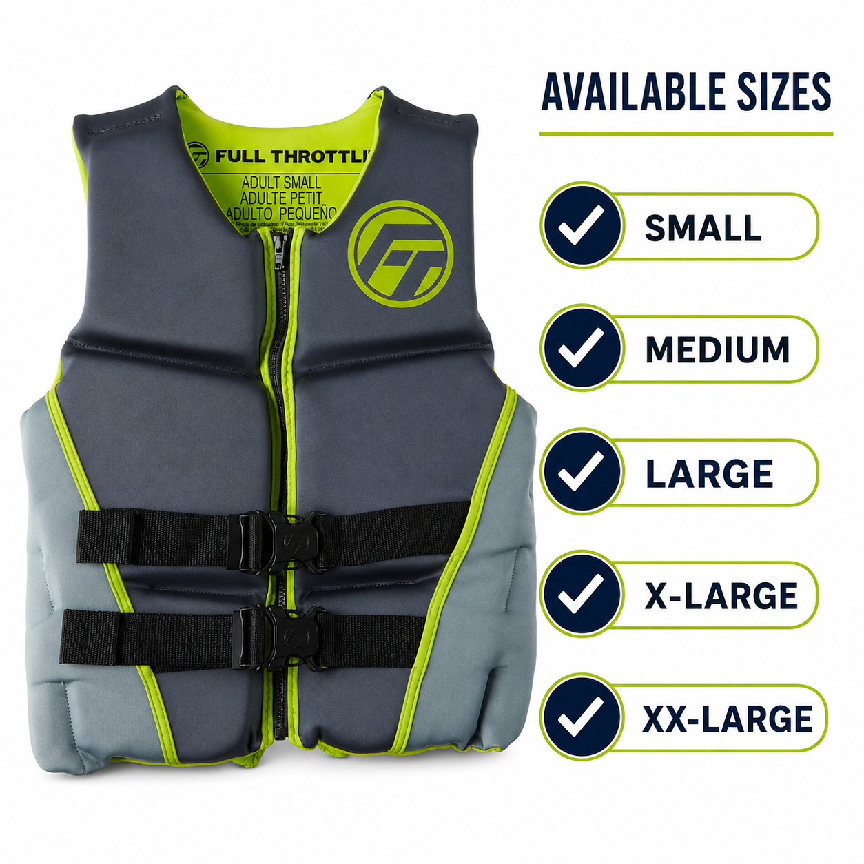 Full Throttle Adult Hinged Rapid Dry Life Jacket Lime/Gray SM/MED/L/XL/XXL
