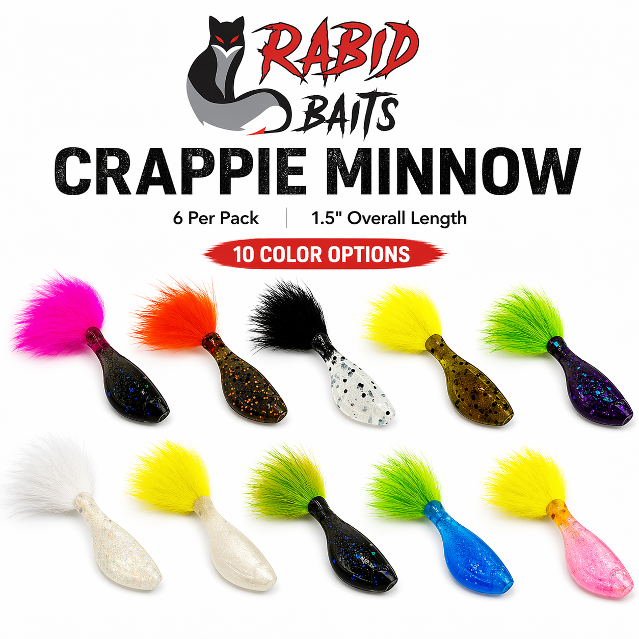 Rabid Baits Crappie Minnow 1.5" Panfish Soft Bait with Fur Tail 6 Pack