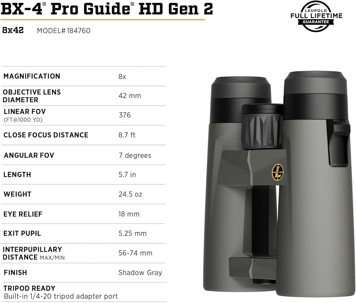 Leupold BX-4 Pro Guide HD Binoculars, 8x42mm Gen 2 (184760)