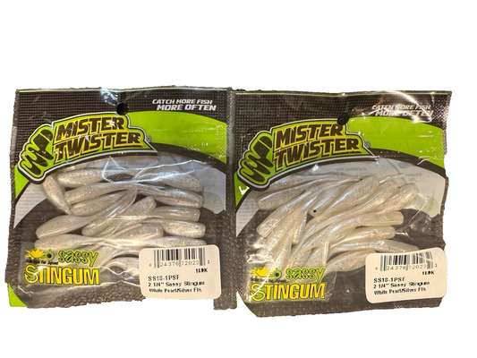 Lot of 2 Mister Twister Sassy Stingum White Pearl / SIlver Flake 2 1/4inch