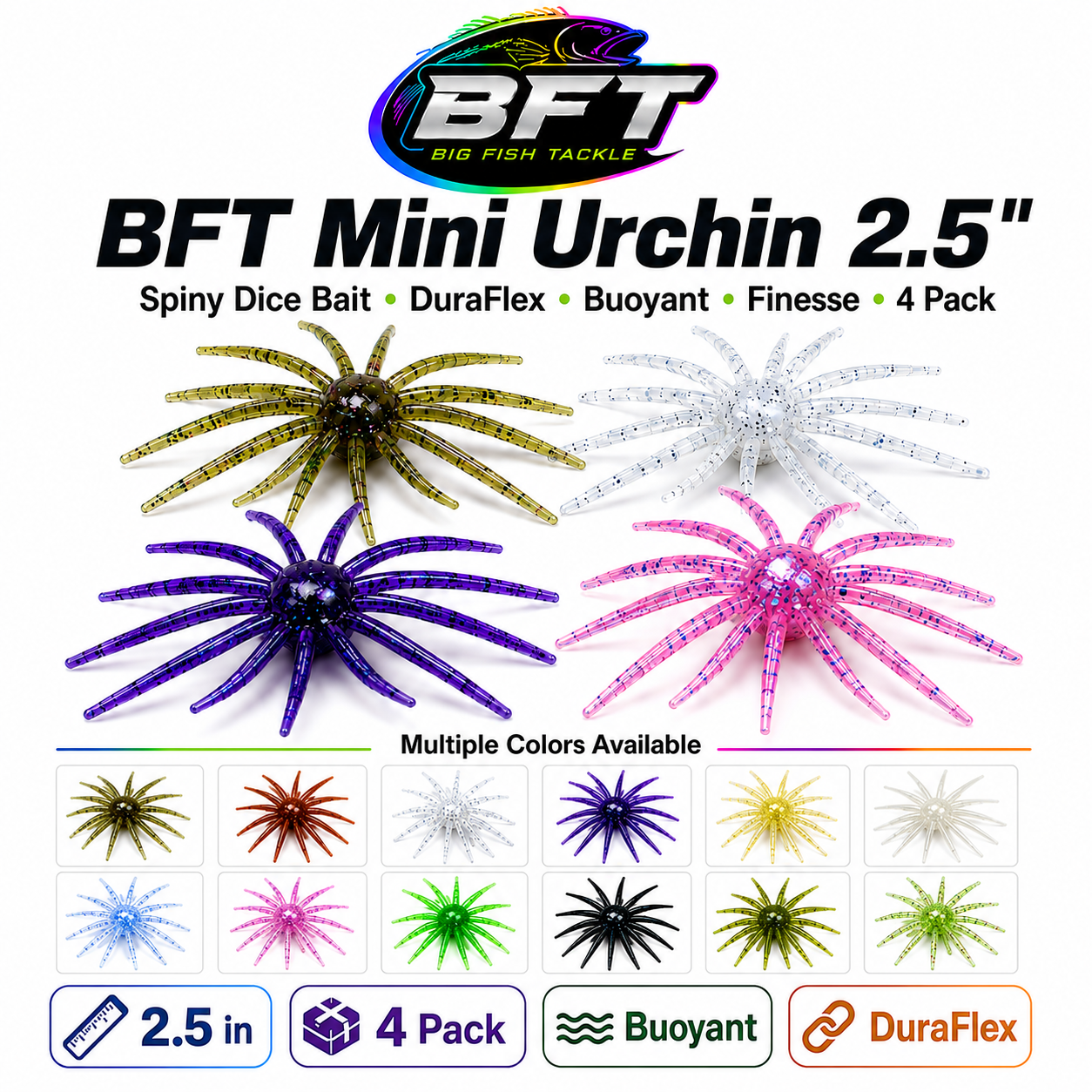 BFT Mini Urchin 2.5" Spiny Dice Bait DuraFlex Buoyant Finesse 4 Pack