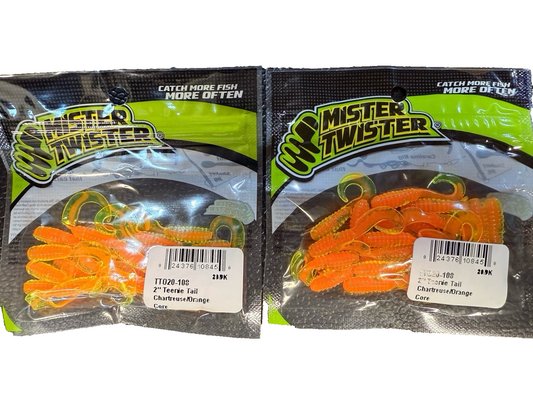 Lot of 2 Mister Twister 2" Teenie Tail Chartreuse/Orange 20 Pack