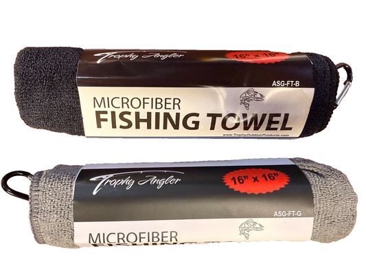 Trophy Angler Microfiber Bait Towel 2 Pack Gray and Black with Carabiner 16x16