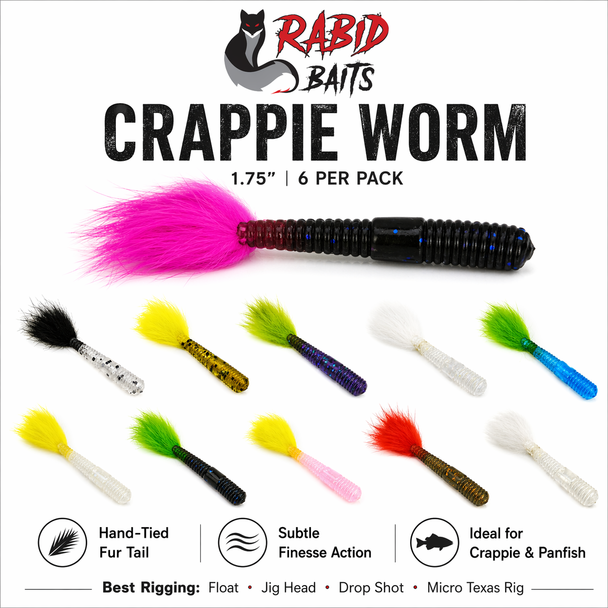 Rabid Baits Crappie Worm 1.75" 6 Pack Panfish Soft Plastic Bait w/ Fur Tail
