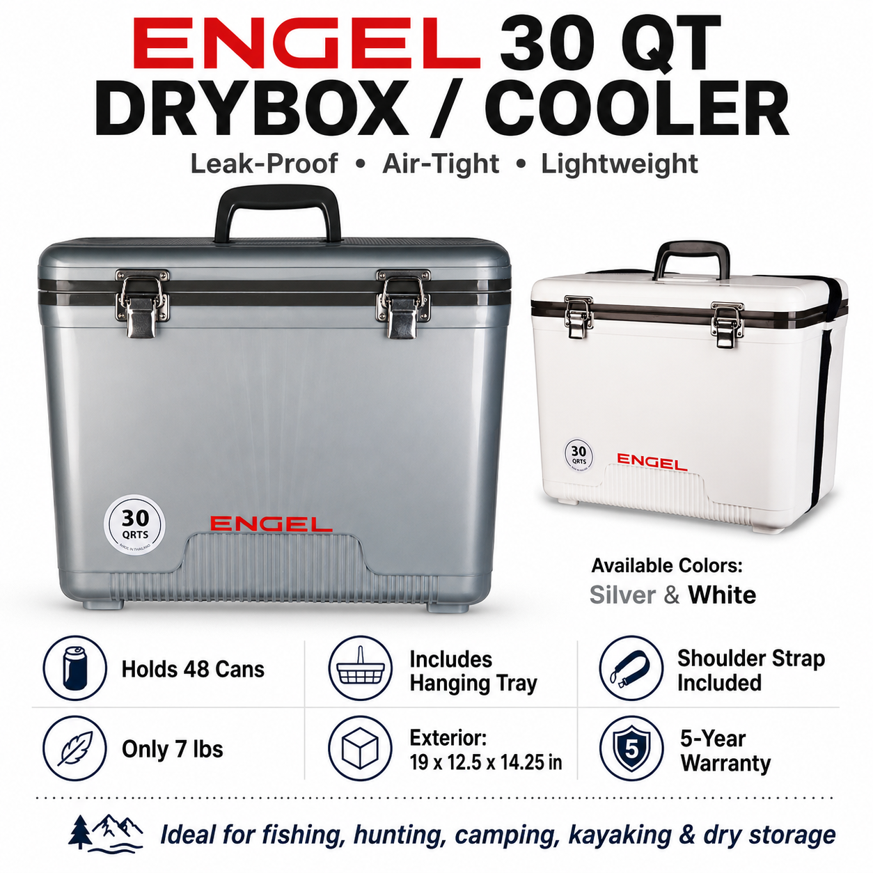 Engel Coolers 30 Qt Drybox Cooler Airtight Leak-Proof Tray Strap Holds 48 Cans