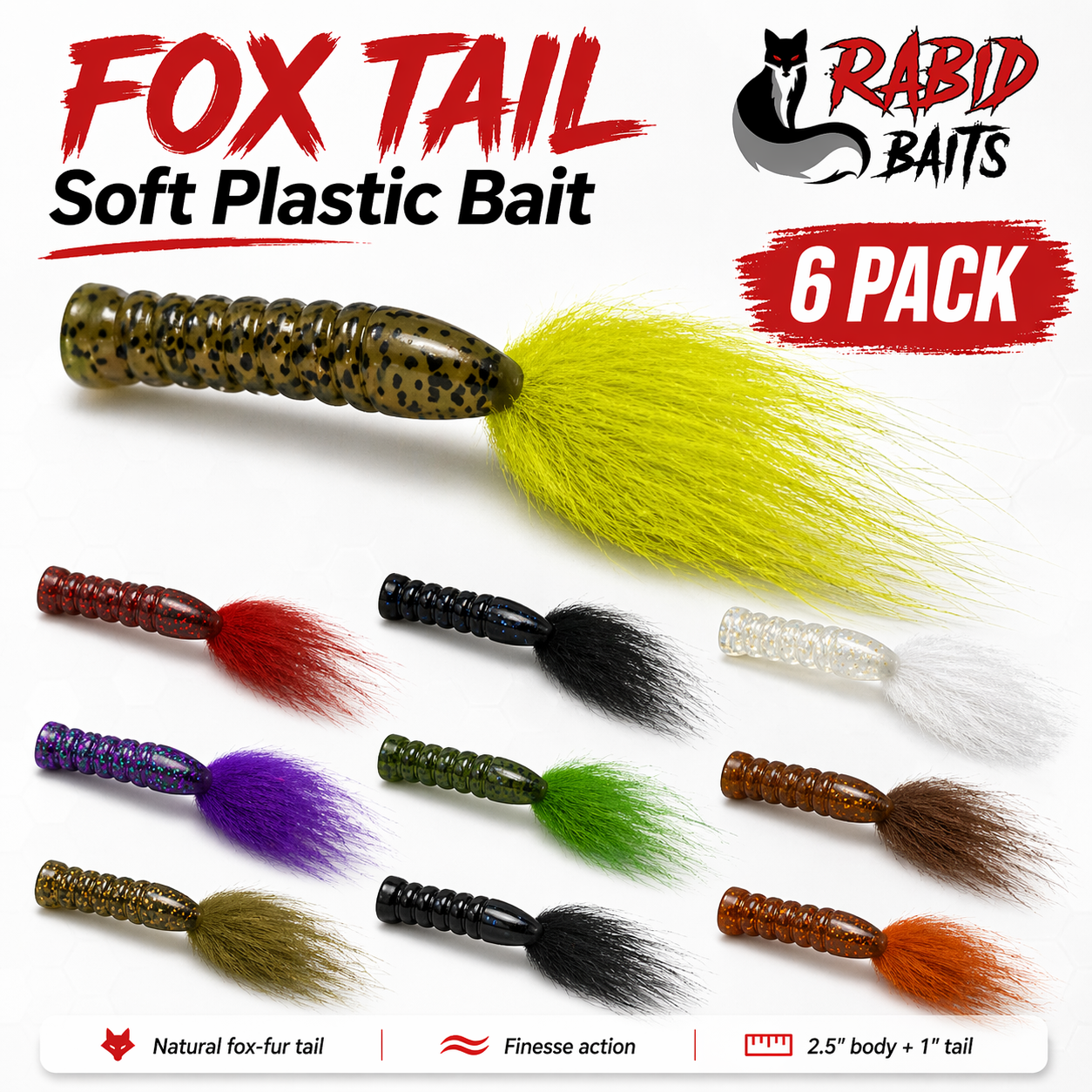 Rabid Baits Fox Tail Soft Plastic Bait 6 Pack Fur Tail Finesse Ned Rig Drop Shot