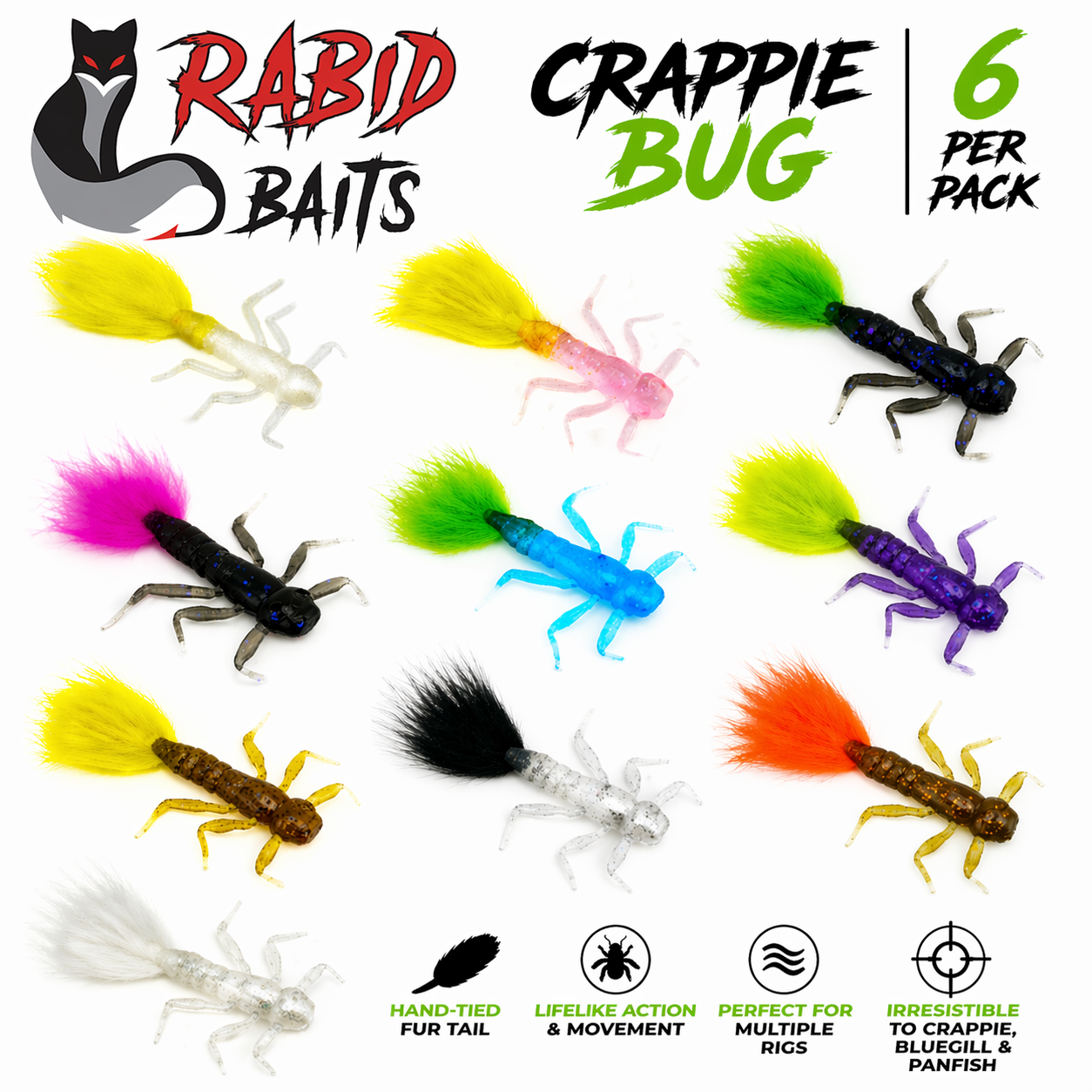 Rabid Baits Crappie Bug 1.5" Fur Tail Soft Plastic Panfish Bait 6 Pack