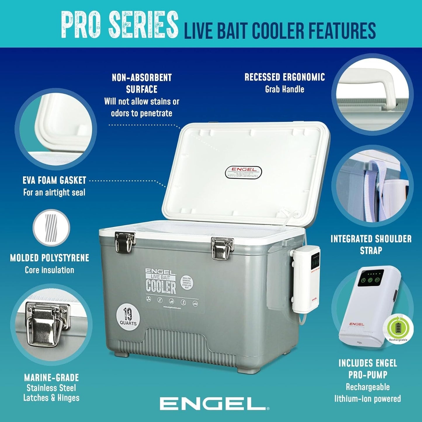 Engel 7.5 Quart Pro Live Bait Cooler with Rechargeable Aerator Silver or Tan