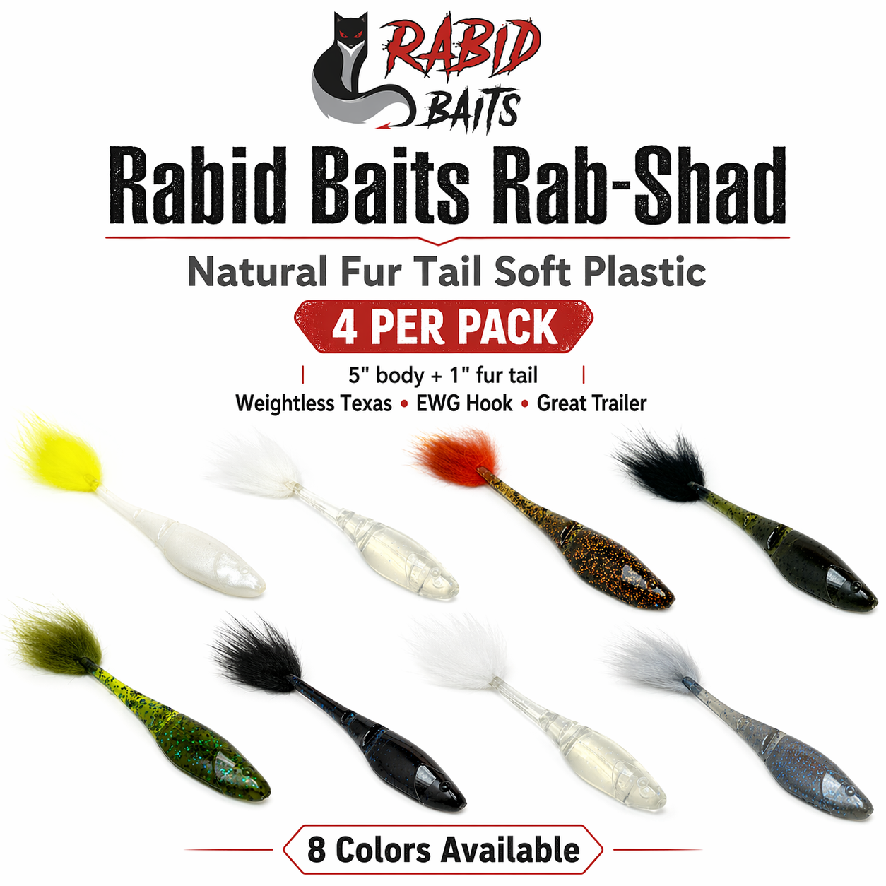 Rabid Baits Rab Shad Fur Tail Soft Plastic Swimbait 4 Pack 6" Bass Fishing Lure