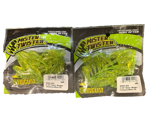 Lot of 2 Mister Twister 2 1/4" Sassy Stingum Chartreuse Silver Flake  18/PK