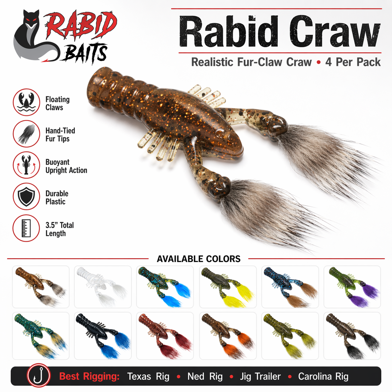Rabid Baits Rabid Craw Soft Plastic Fur Claw Craw Bait 4 Pack 3.5" Bass Lure