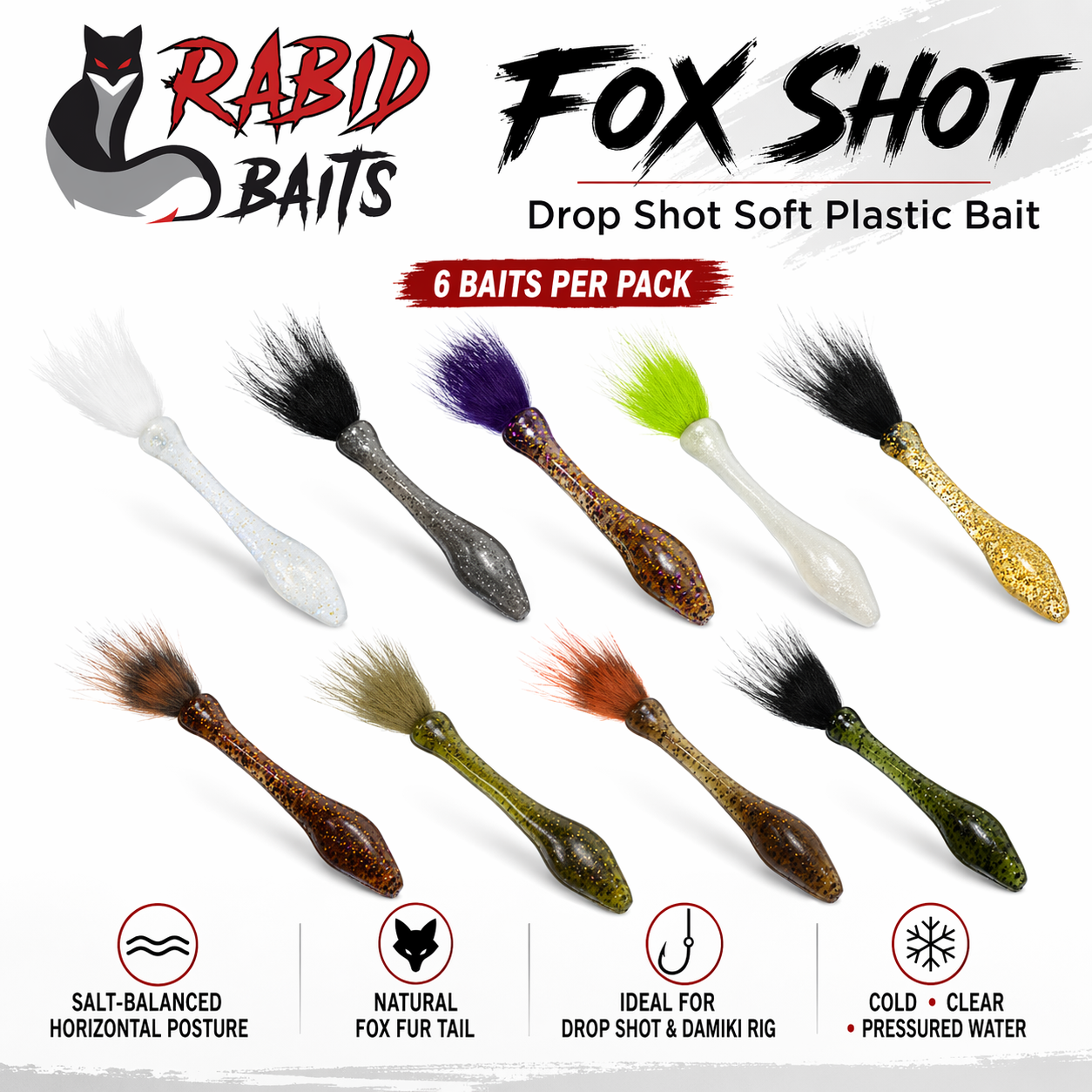 Rabid Baits Fox Shot Drop Shot Soft Plastic Bait 6 Pack with Fox Fur Tail