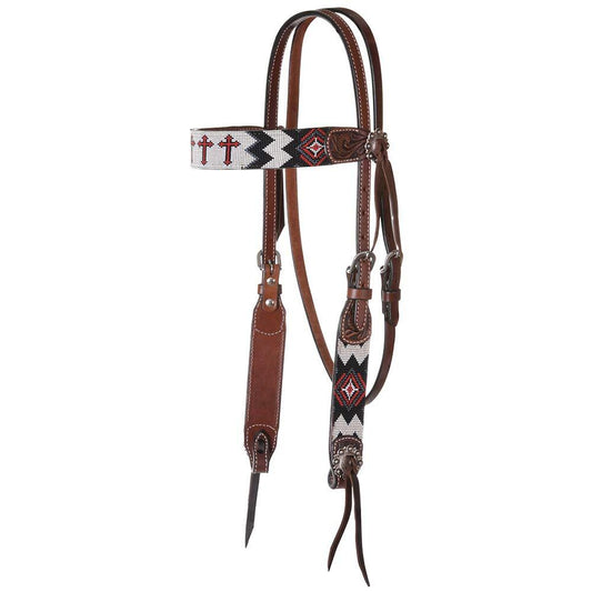 Circle Y Headstall with Cross Beading in Red and White