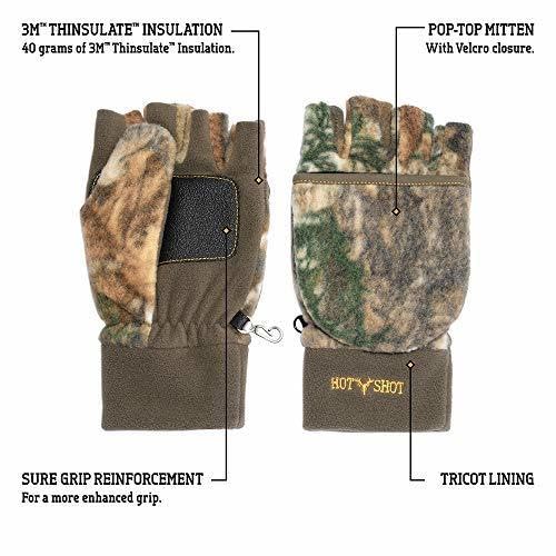 HOT SHOT Men’s Insulated Camo Bulls-Eye Fleece Pop-Top Mittens – Realtree Edge Outdoor Hunting Camouflage, Large