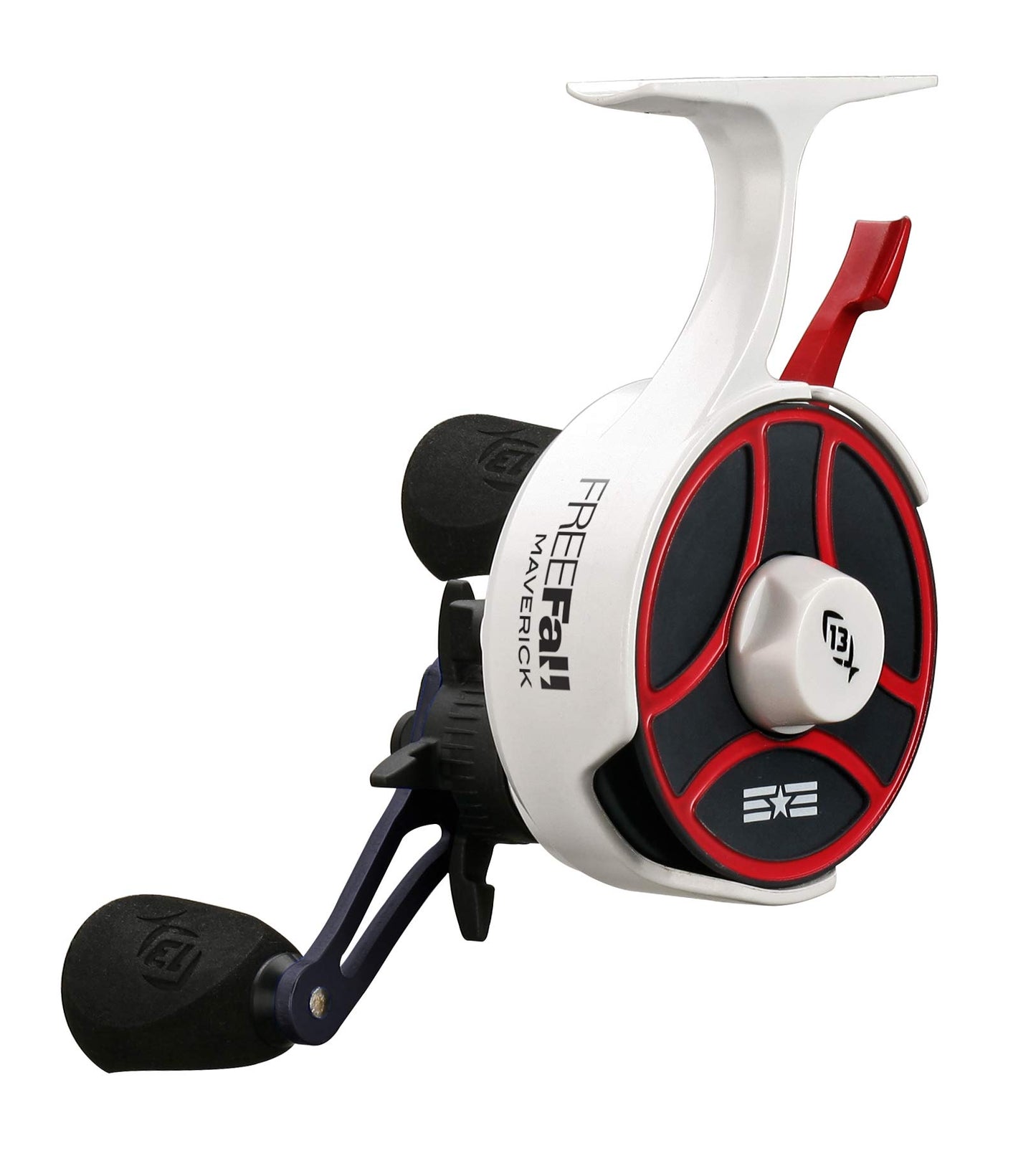 13 Fishing - Freefall Ghost Maverick - Inline Ice Fishing Reel - Red, White & Blue Color - Left Hand Retrieve - BBFFGWUSA-2.5-LH