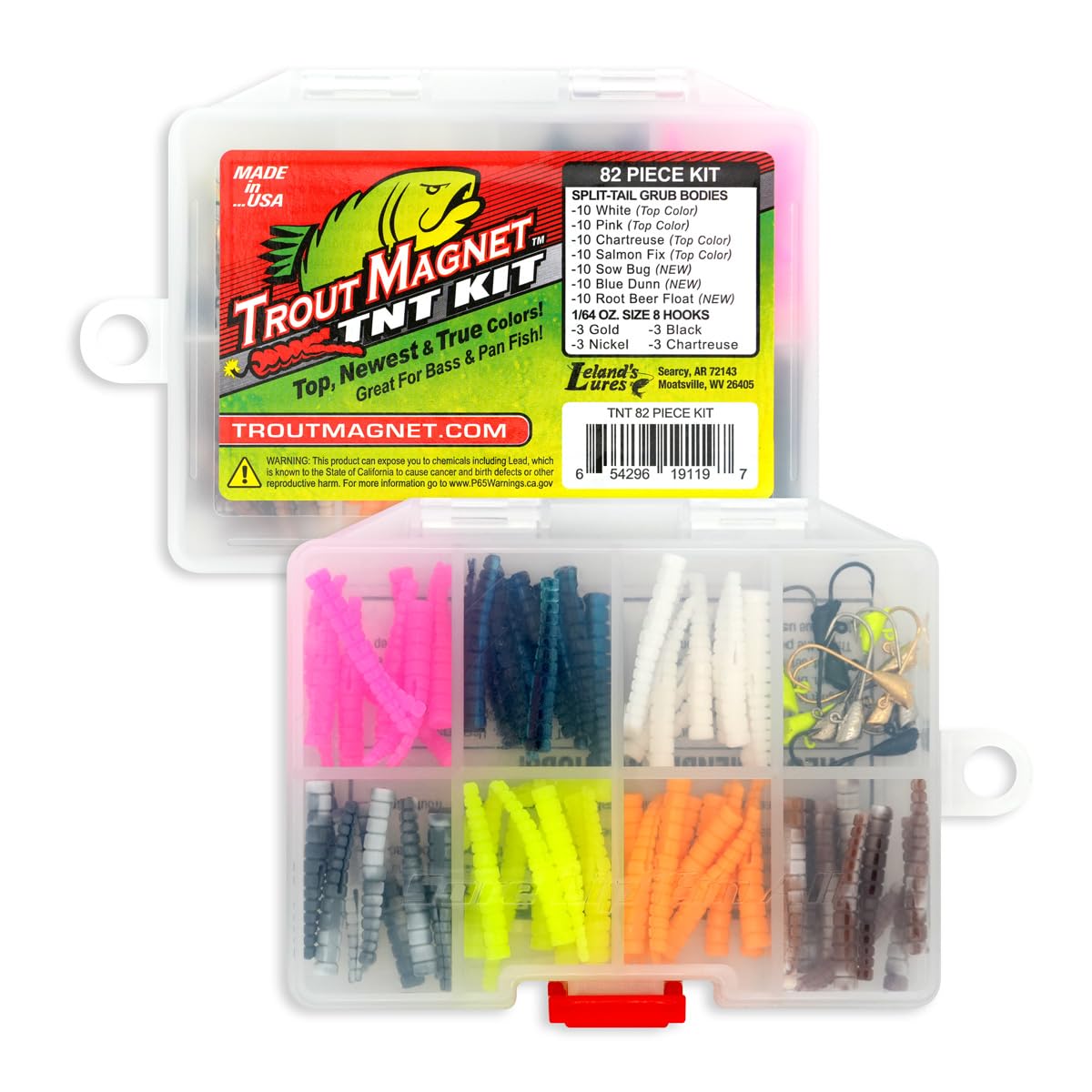 Trout Magnet TNT Kit – 82-Piece Set with 70 Soft Plastic Bodies & 12 Jig Heads – Top 7 Hot Colors – Includes 1/64oz Shad-Dart Heads in Gold, Black, Silver & Chartreuse – Ultimate Trout Fishing Lure