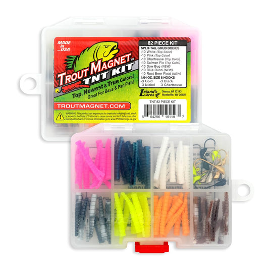 Trout Magnet TNT Kit – 82-Piece Set with 70 Soft Plastic Bodies & 12 Jig Heads – Top 7 Hot Colors – Includes 1/64oz Shad-Dart Heads in Gold, Black, Silver & Chartreuse – Ultimate Trout Fishing Lure