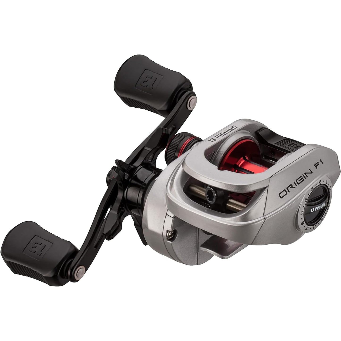 13 FISHING - Origin F1 Baitcast Reel - 8.1:1 Gear Ratio - Right Hand Retrieve (100 Size) (Fresh) - OF1-8.1-RH-CP, Silver/Black/Red