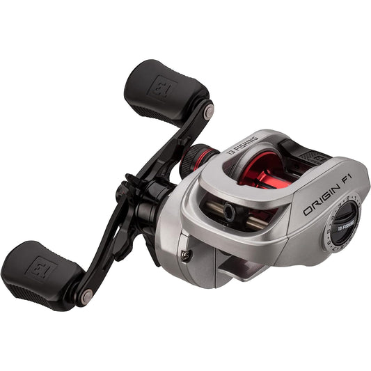 13 FISHING - Origin F1 Baitcast Reel - 8.1:1 Gear Ratio - Right Hand Retrieve (100 Size) (Fresh) - OF1-8.1-RH-CP, Silver/Black/Red