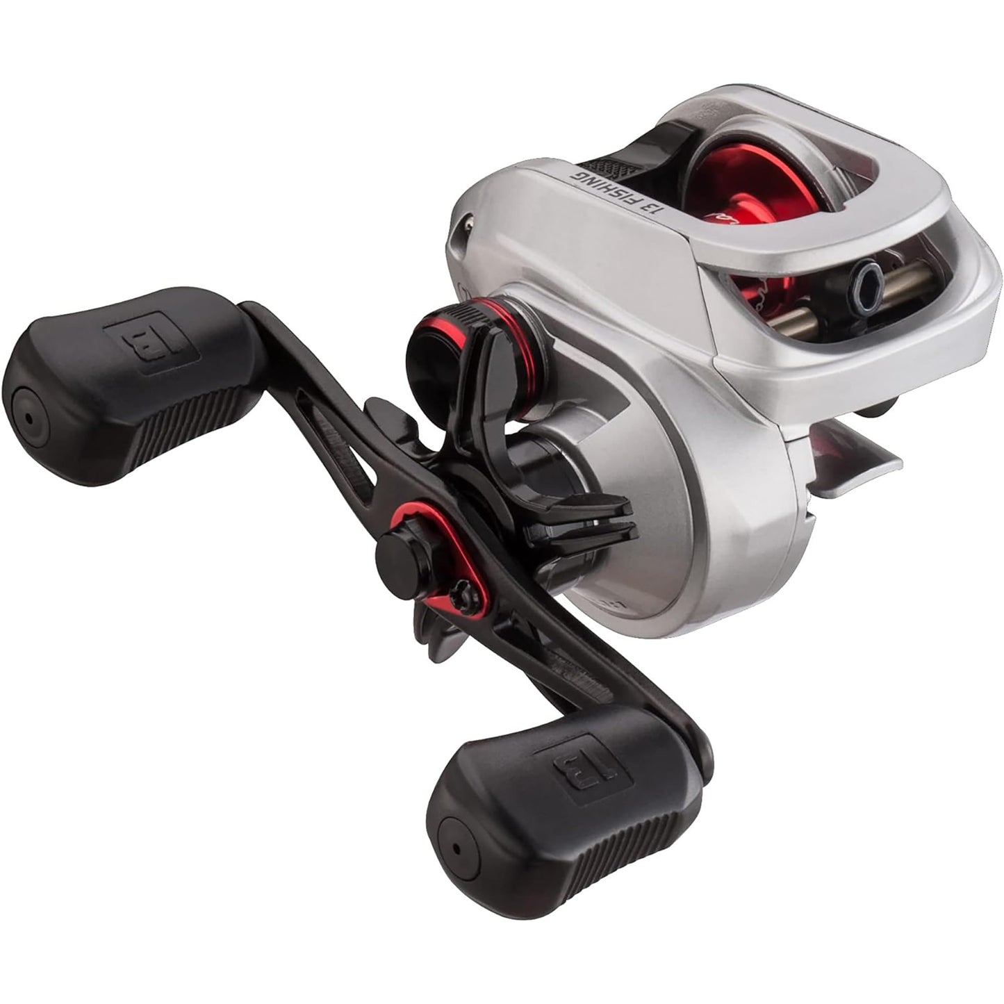 13 FISHING - Origin F1 Baitcast Reel - 8.1:1 Gear Ratio - Right Hand Retrieve (100 Size) (Fresh) - OF1-8.1-RH-CP, Silver/Black/Red