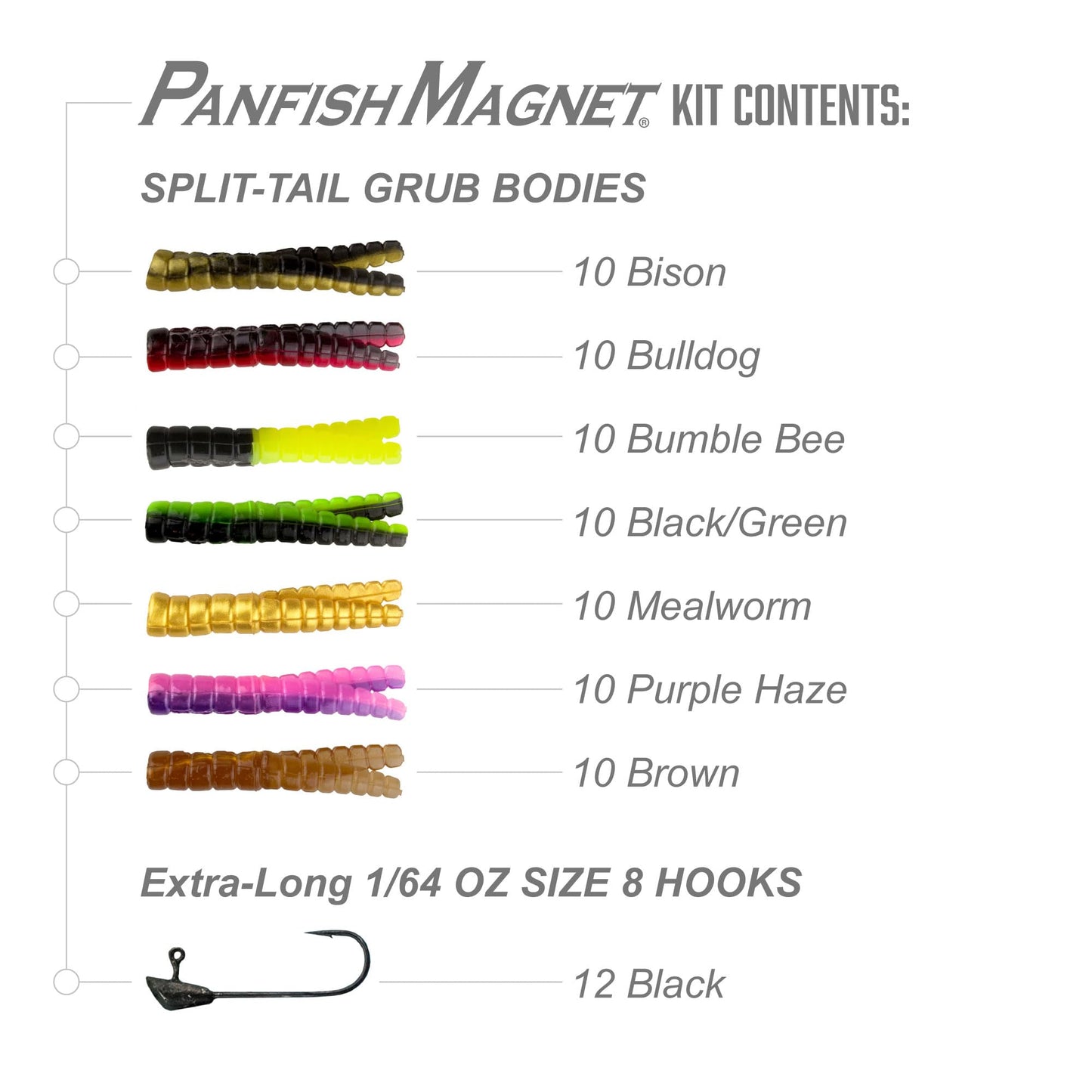 Trout Magnet 82 Piece Panfish Magnet Kit, with A Longer Shad Dart Hook, Includes 70 Split Tail Grub Bodies, 12 Black Size 8 Mustad Hooks, Catches All Types of Fish