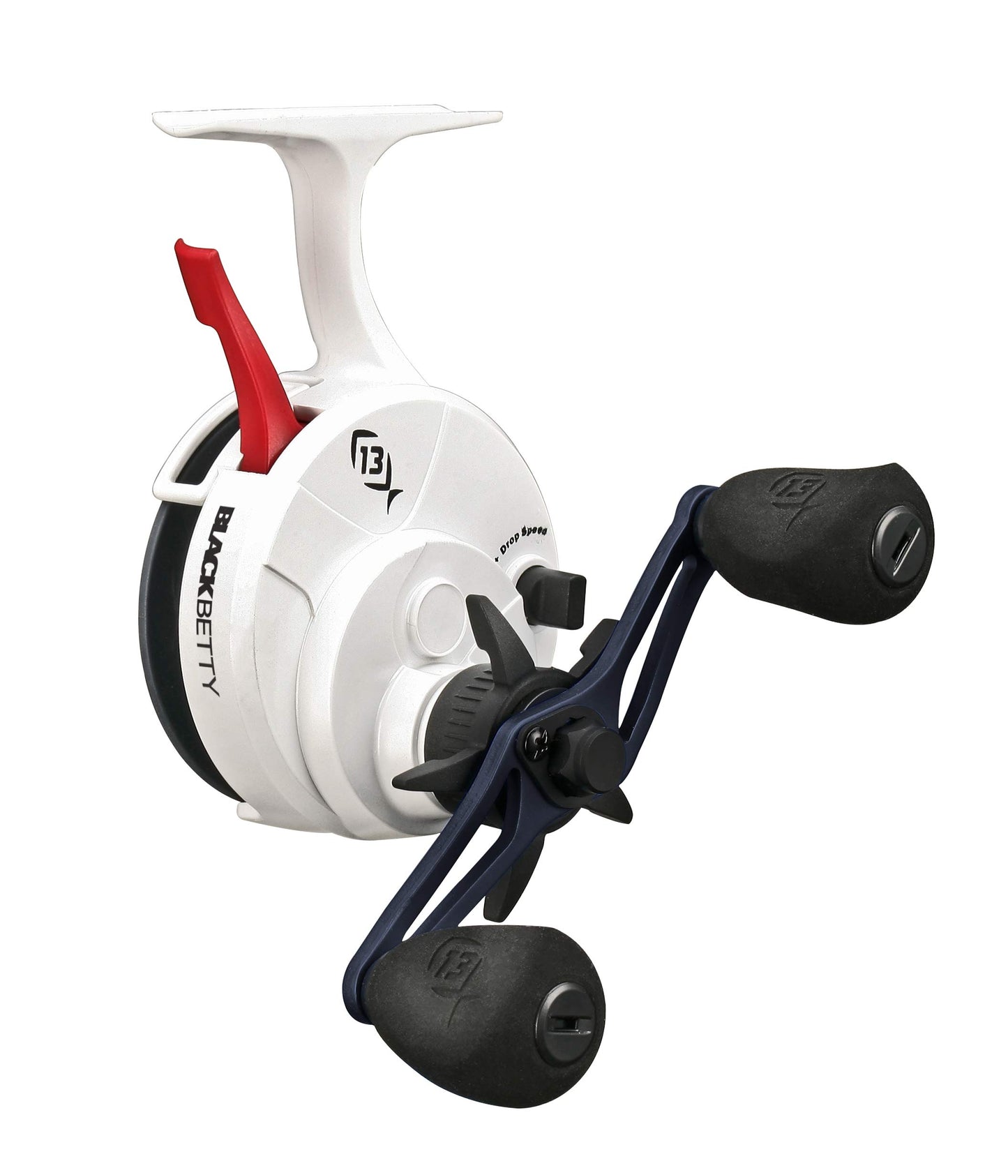 13 Fishing - Freefall Ghost Maverick - Inline Ice Fishing Reel - Red, White & Blue Color - Left Hand Retrieve - BBFFGWUSA-2.5-LH