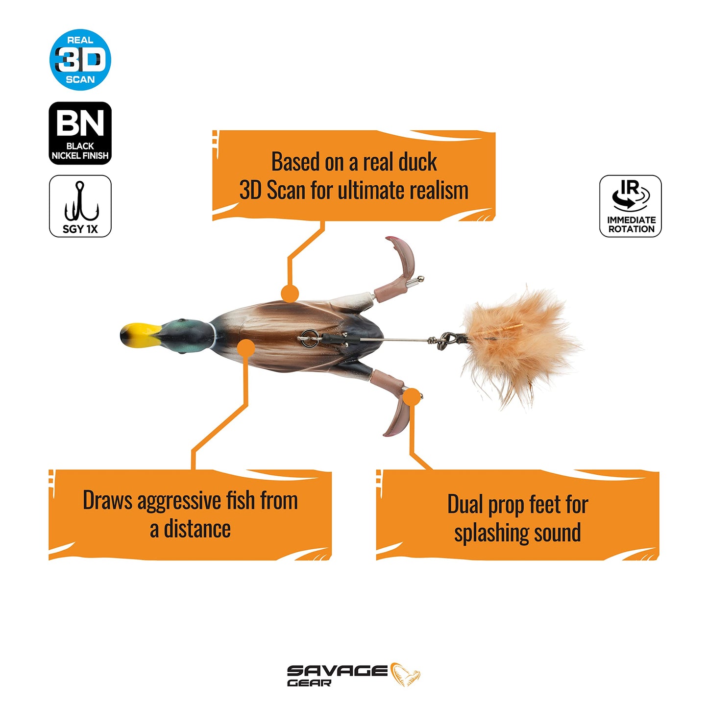 Savage Gear 3D Duck Fishing Bait, 4 1/4 oz, Adult Mallard, Realistic Contours, Colors & Movement, Durable ABS Construction, Versatile Rigging Options, Dual Smash Tails, Dual Treble Hook Configuration