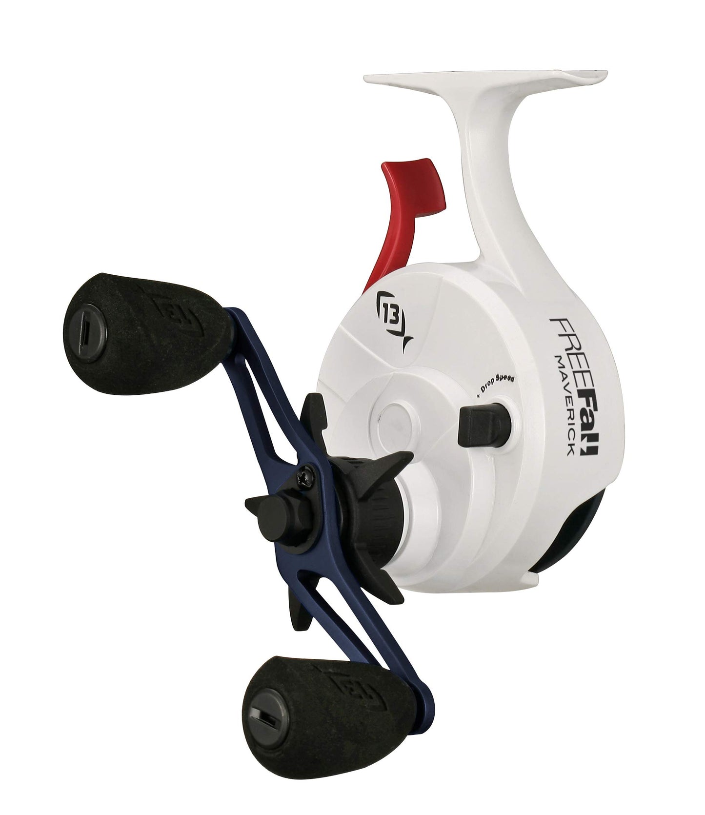 13 Fishing - Freefall Ghost Maverick - Inline Ice Fishing Reel - Red, White & Blue Color - Left Hand Retrieve - BBFFGWUSA-2.5-LH