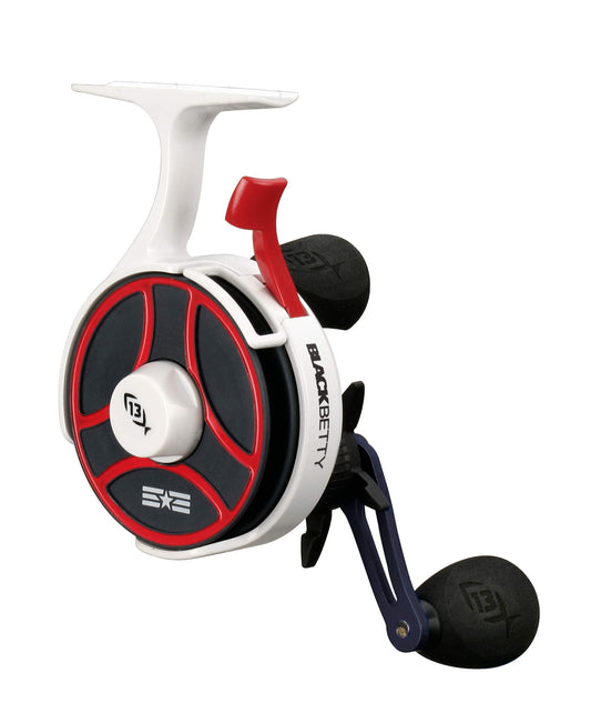 13 Fishing - Freefall Ghost Maverick - Inline Ice Fishing Reel - Red, White & Blue Color - Left Hand Retrieve - BBFFGWUSA-2.5-LH