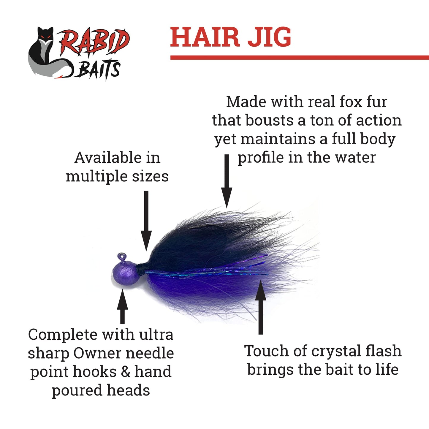Rabid Baits Hair Jig, Bass Fishing Hair Jig for Freshwater Fishing for Smallmouth Bass, Walleye & More, Hook Black & Purple, 1/4oz (1 Bait)