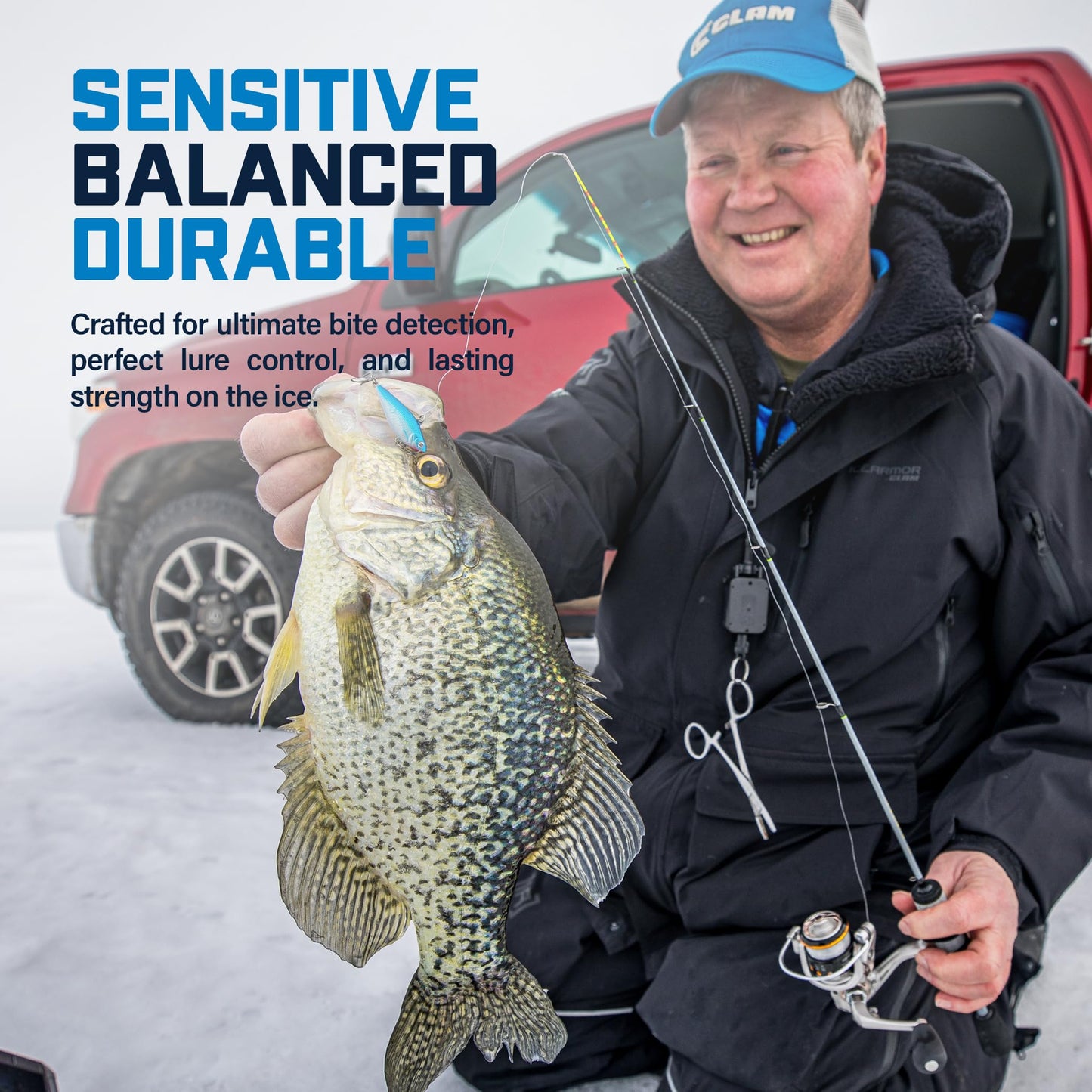 CLAM Jason Mitchell Meat Stick Ice Rod – High-Vis Tip, Balanced Composite Rod, Soft Touch Handle, Ultra-Sensitive for Bites