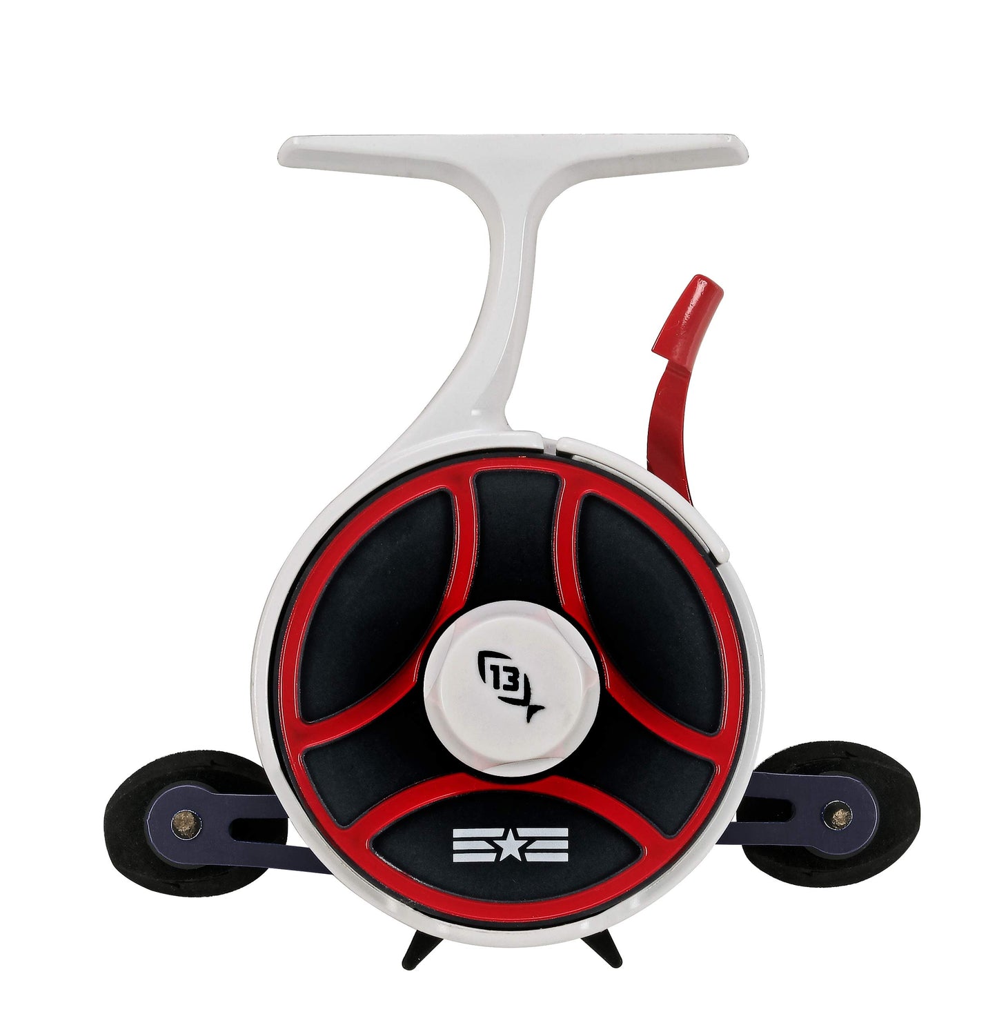 13 Fishing - Freefall Ghost Maverick - Inline Ice Fishing Reel - Red, White & Blue Color - Left Hand Retrieve - BBFFGWUSA-2.5-LH