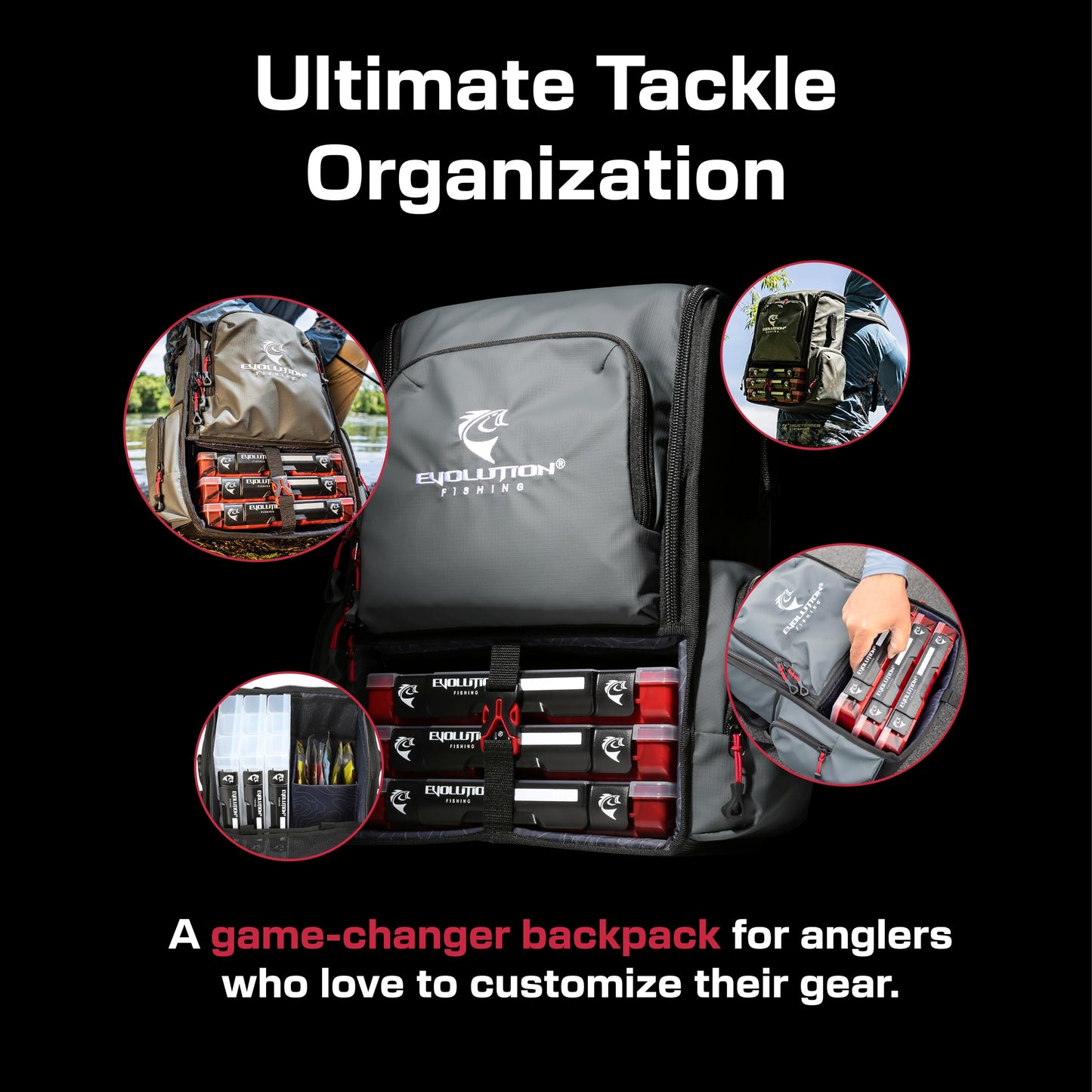 Evolution Outdoor Fishing Largemouth 3.0 Tackle Backpack - Patent Pending Modular Dividers, Rod Holders, Heavy Duty Fishing Backpack, Includes Quiklatch Tackle Trays