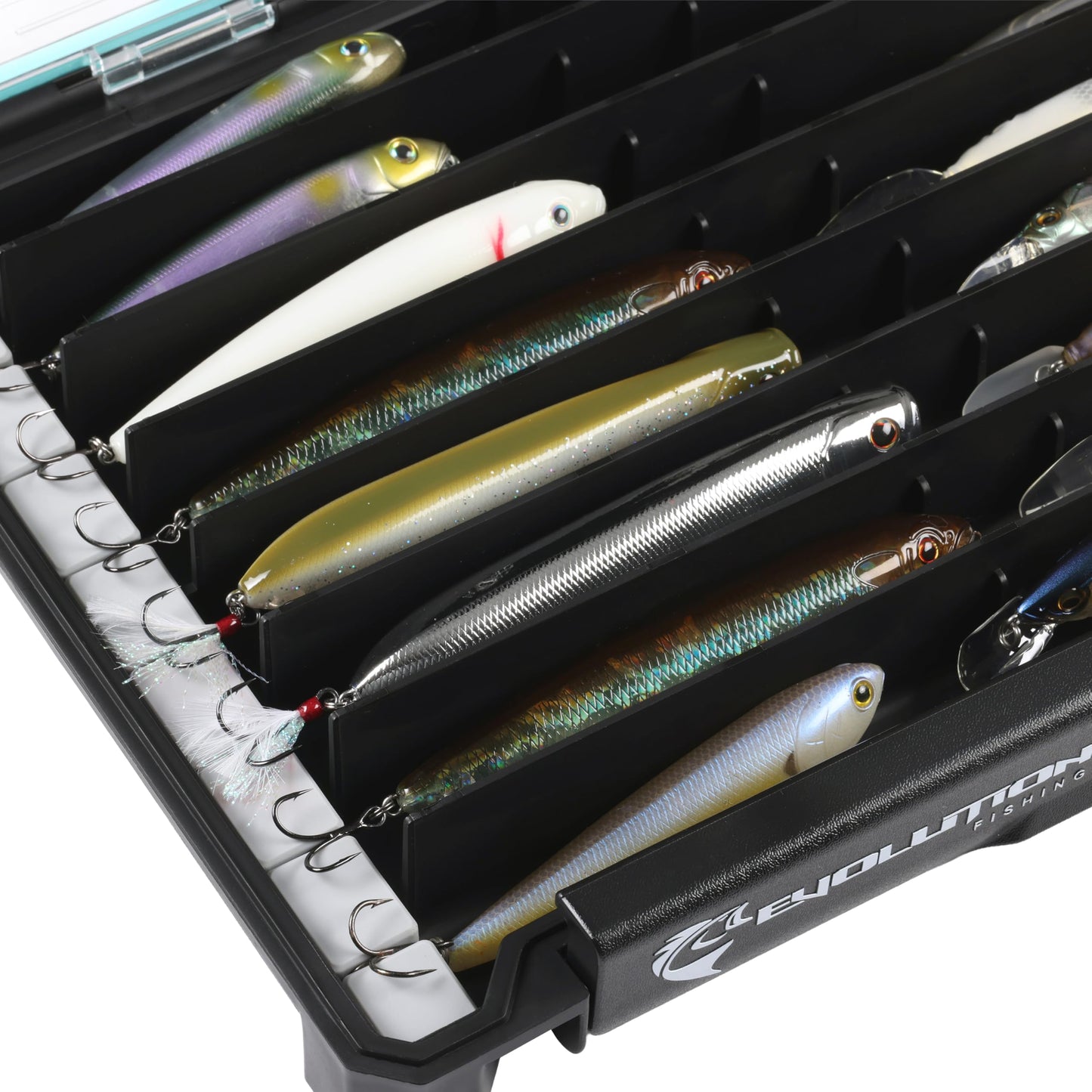 Evolution Fishing BallistiX Twitch Tackle Tray - Waterproof, Jerkbait & Topwater Tackle Storage Box, Anti-Corrosion, One Hand Latch, Clear Lid, Lure Box
