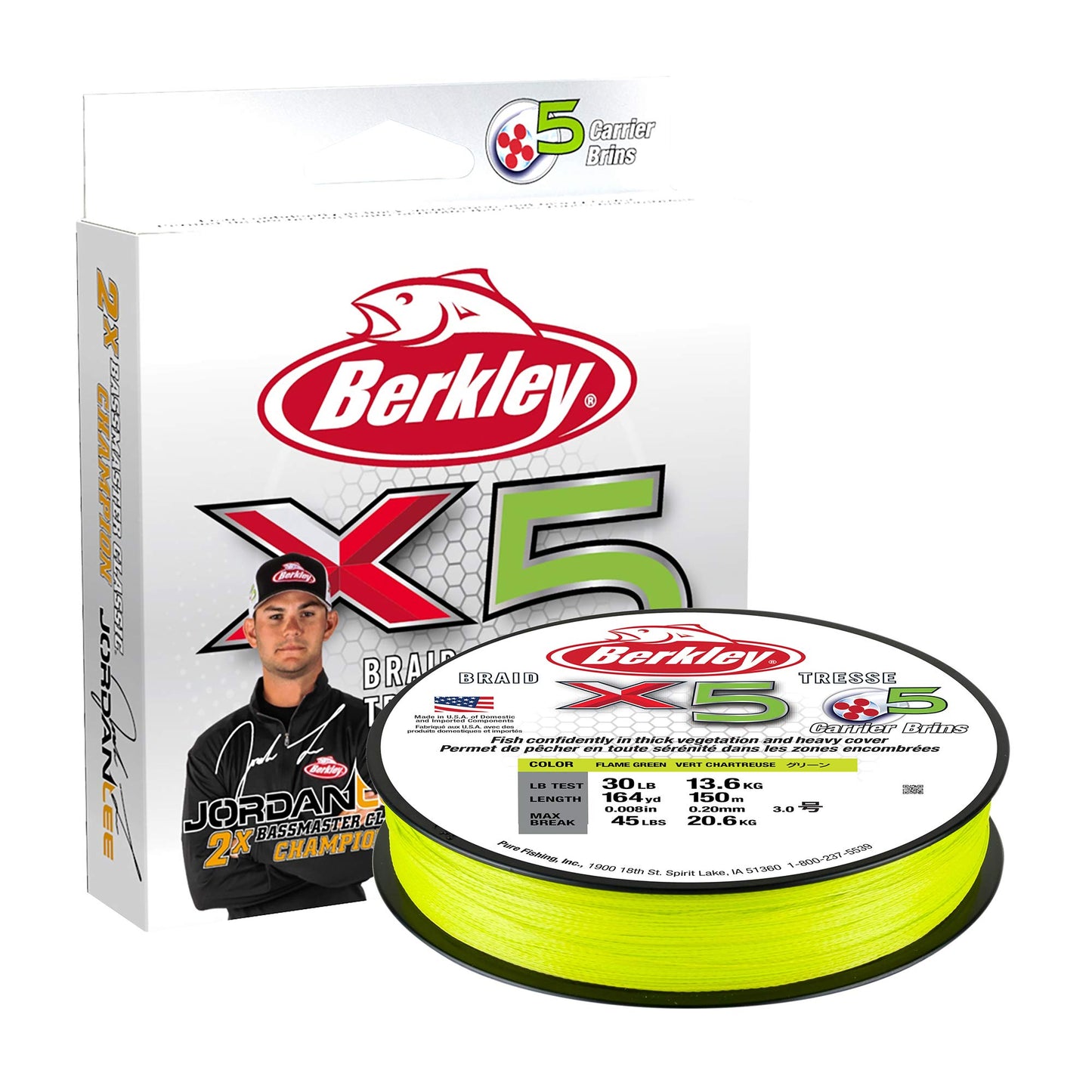 Berkley Jordan Lee x5 Braid Superline, Flame Green, 80-Pound Break Strength, 328yd Fishing Line, Suitable for Freshwater Environments