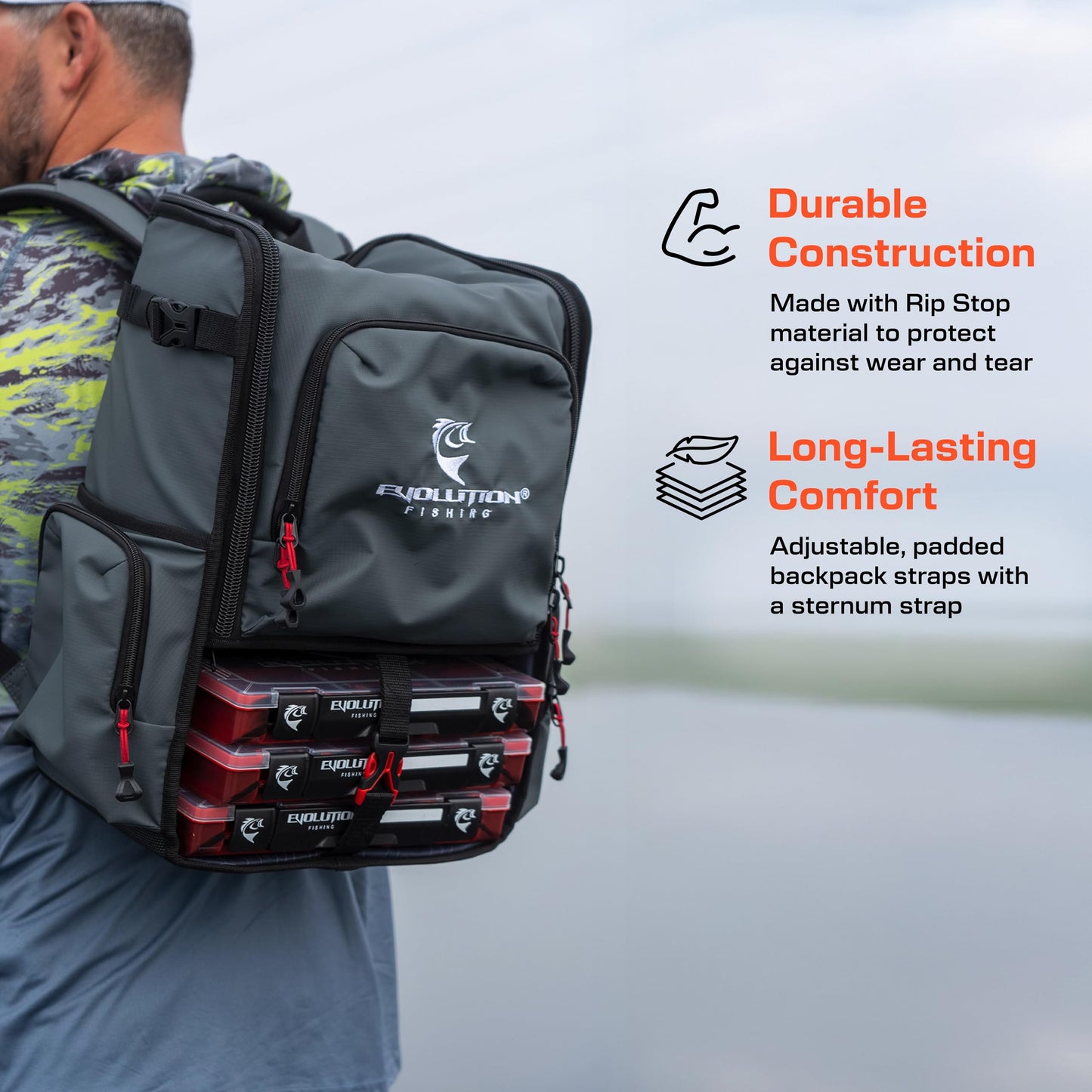 Evolution Outdoor Fishing Largemouth 3.0 Tackle Backpack - Patent Pending Modular Dividers, Rod Holders, Heavy Duty Fishing Backpack, Includes Quiklatch Tackle Trays