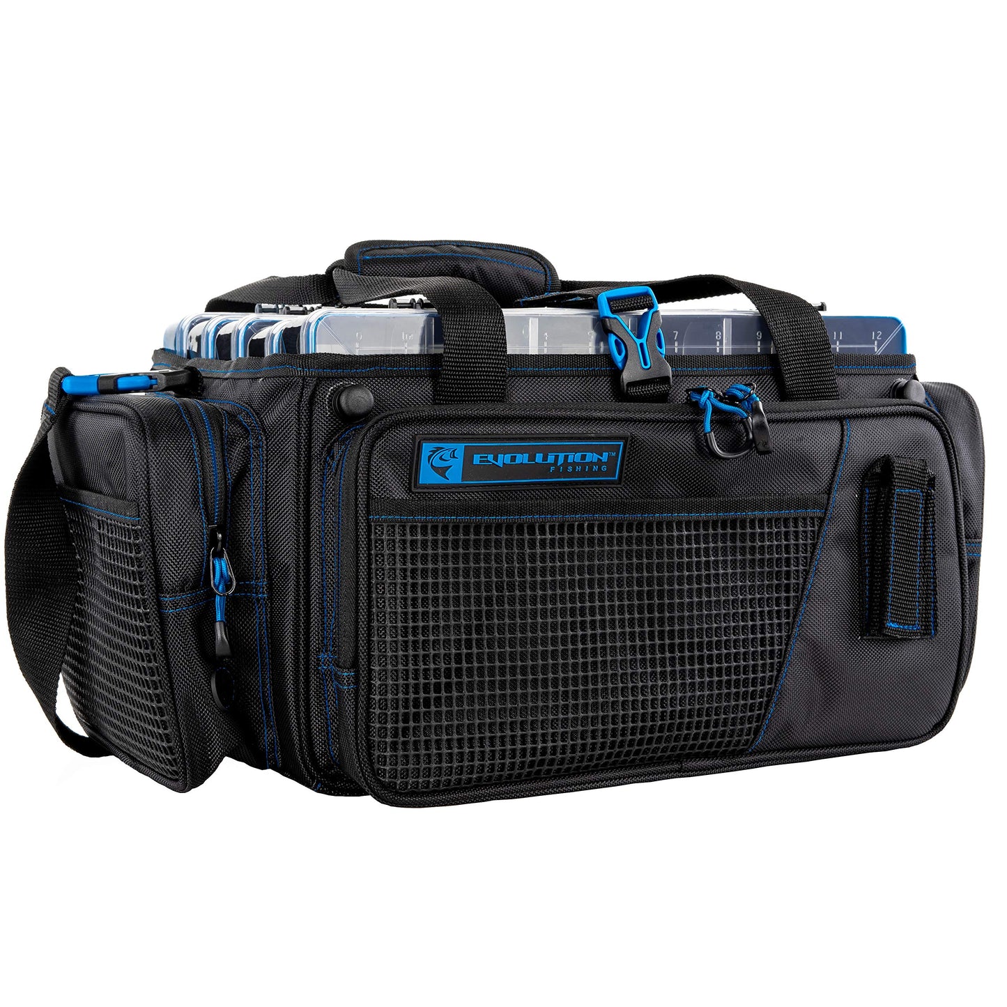 Evolution Outdoor Drift Series Topless Horizontal Tackle Bag – Outdoor Rucksack w/ 5 Fishing Tackle Trays, Padded Handle and Shoulder Strap, Plier Holster, Tackle Carrying Case