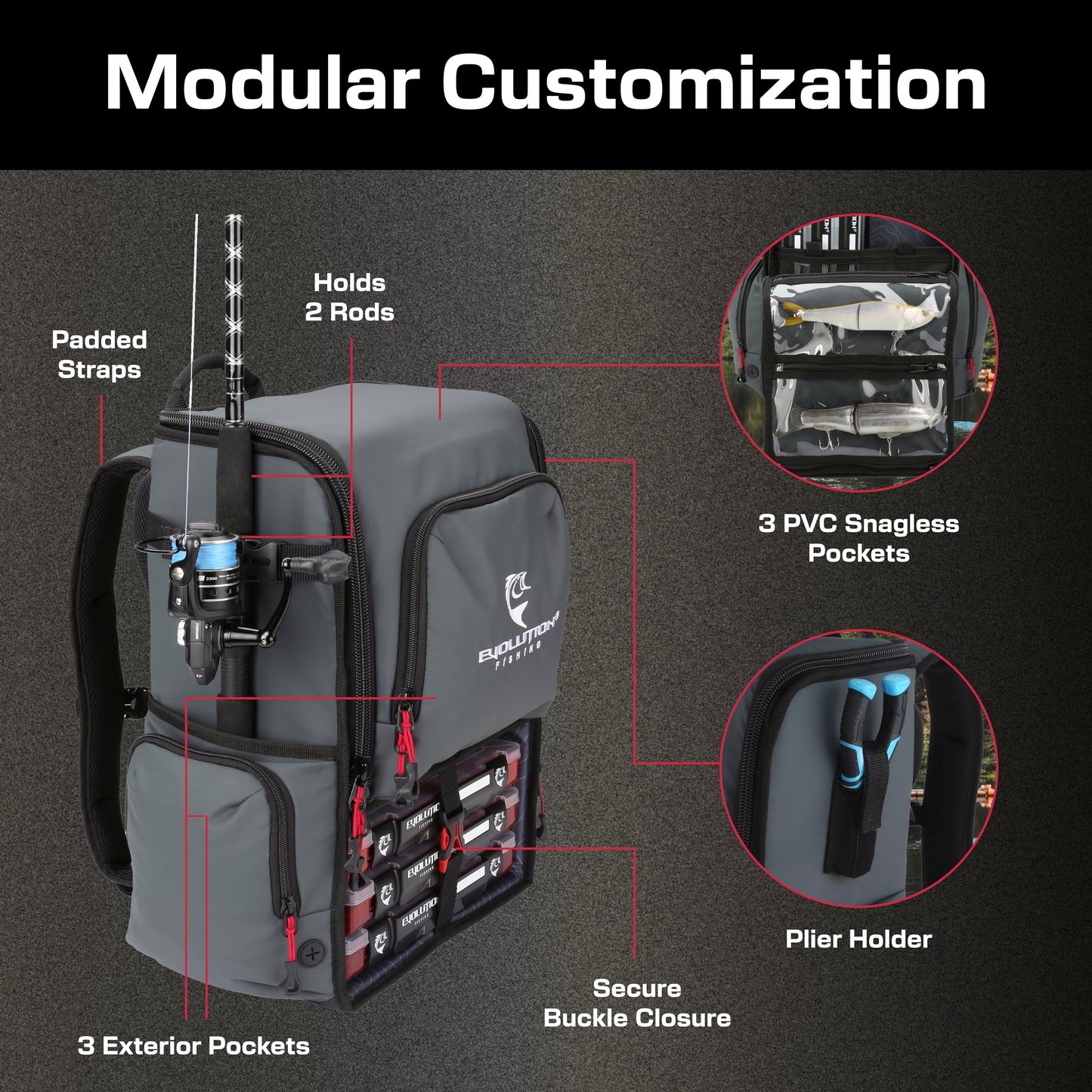 Evolution Outdoor Fishing Largemouth 3.0 Tackle Backpack - Patent Pending Modular Dividers, Rod Holders, Heavy Duty Fishing Backpack, Includes Quiklatch Tackle Trays