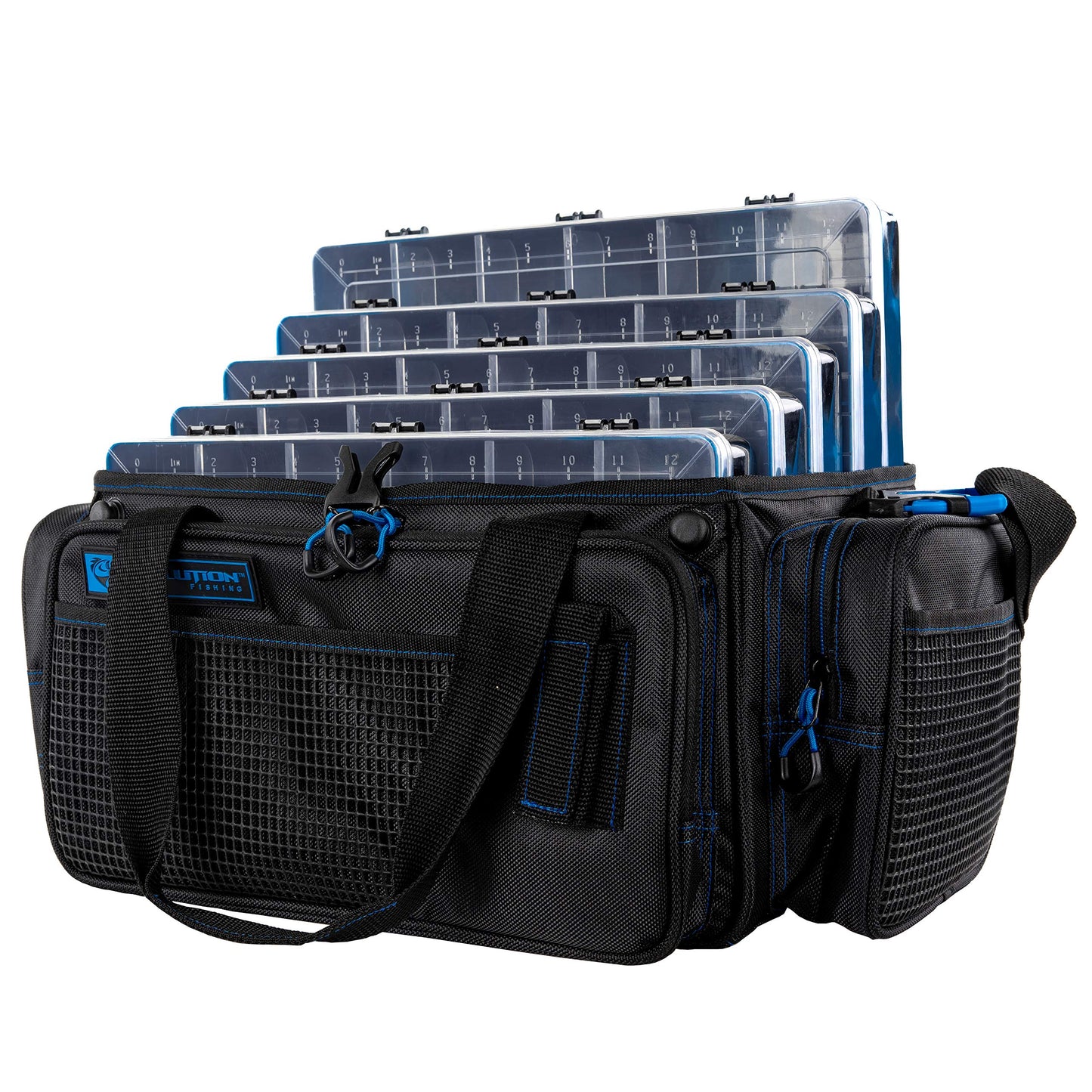 Evolution Outdoor Drift Series Topless Horizontal Tackle Bag – Outdoor Rucksack w/ 5 Fishing Tackle Trays, Padded Handle and Shoulder Strap, Plier Holster, Tackle Carrying Case
