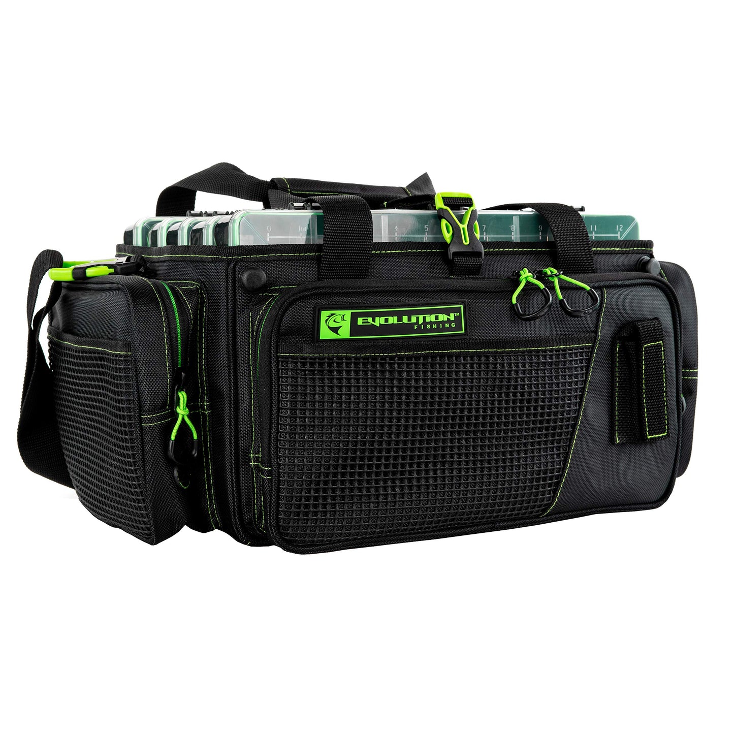 Evolution Outdoor Drift Series Topless Horizontal Tackle Bag – Outdoor Rucksack w/ 5 Fishing Tackle Trays, Padded Handle and Shoulder Strap, Plier Holster, Tackle Carrying Case