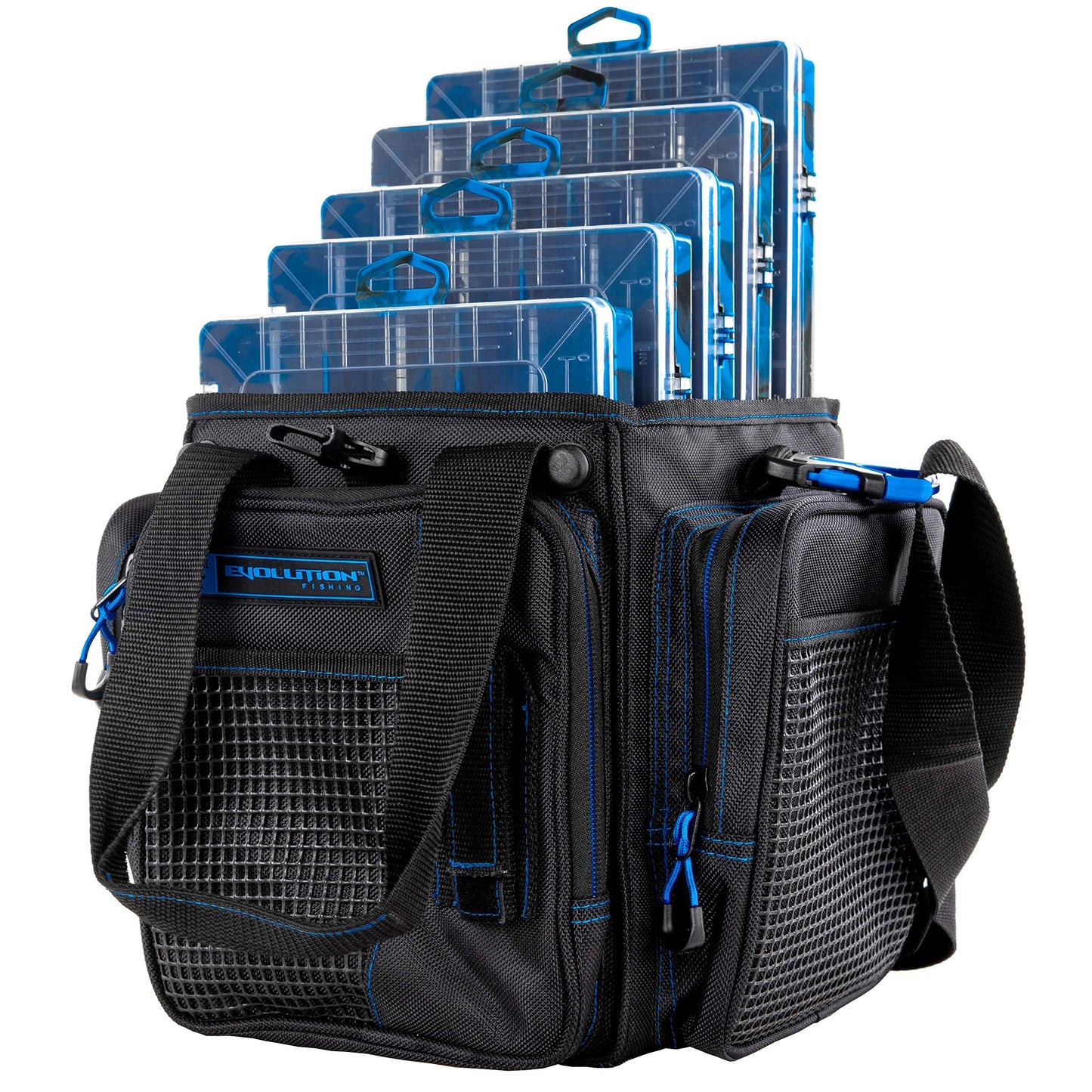 Evolution Outdoor Drift Series Topless Vertical Tackle Bag – Outdoor Rucksack w/ 5 Fishing Tackle Trays, Padded Handle and Shoulder Strap, Plier Holster, Tackle Carrying Case