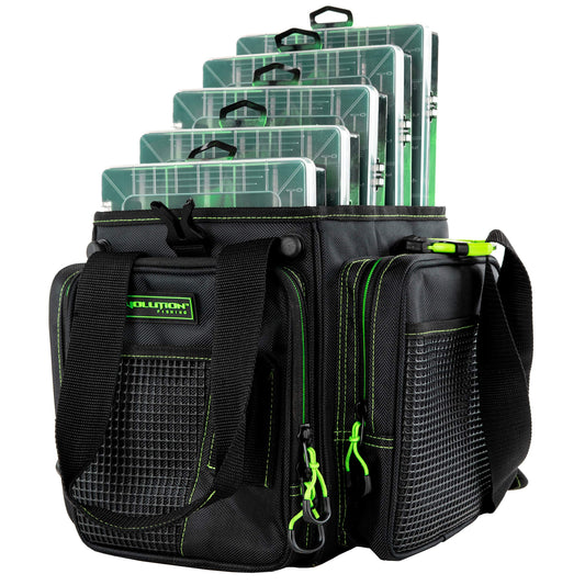 Evolution Outdoor Drift Series Topless Vertical Tackle Bag – Outdoor Rucksack w/ 5 Fishing Tackle Trays, Padded Handle and Shoulder Strap, Plier Holster, Tackle Carrying Case