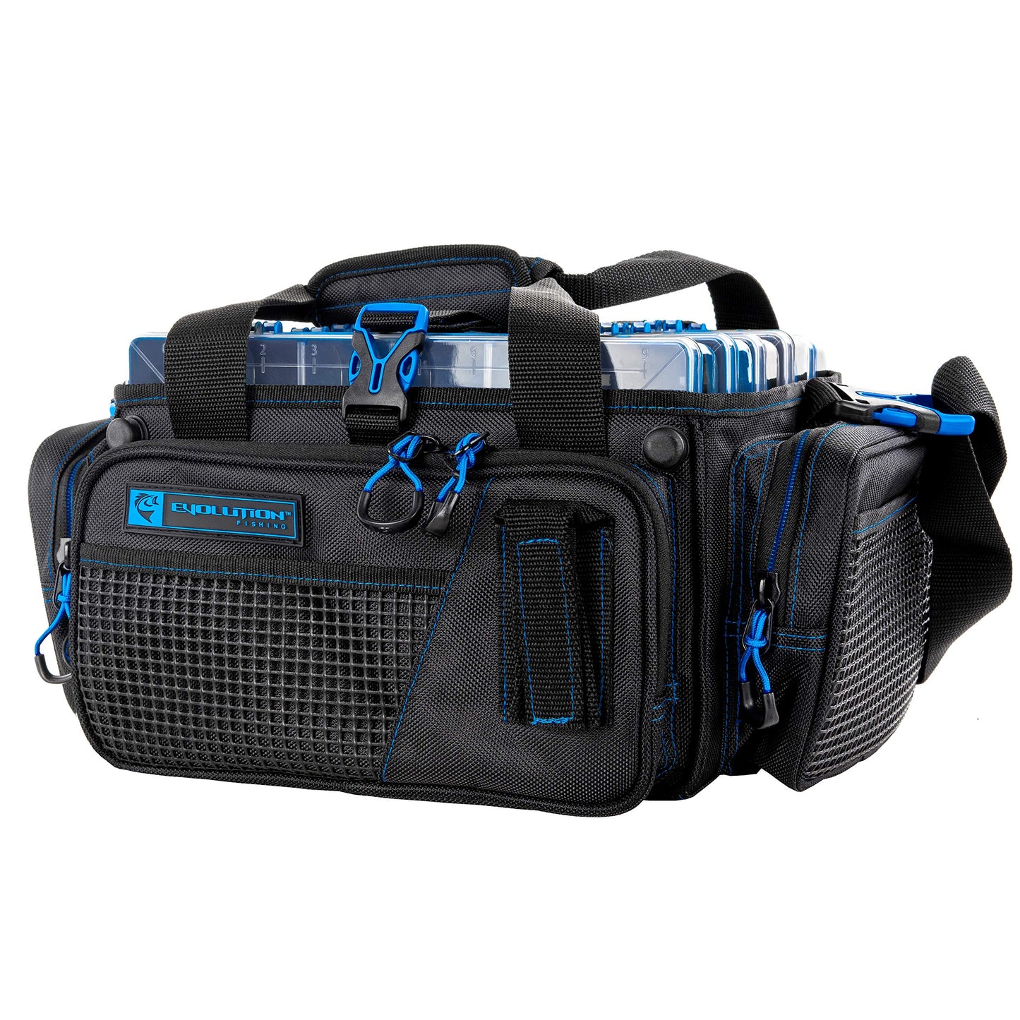 Evolution Outdoor Drift Series Topless Horizontal Tackle Bag – Outdoor Rucksack w/ 5 Fishing Tackle Trays, Padded Handle and Shoulder Strap, Plier Holster, Tackle Carrying Case