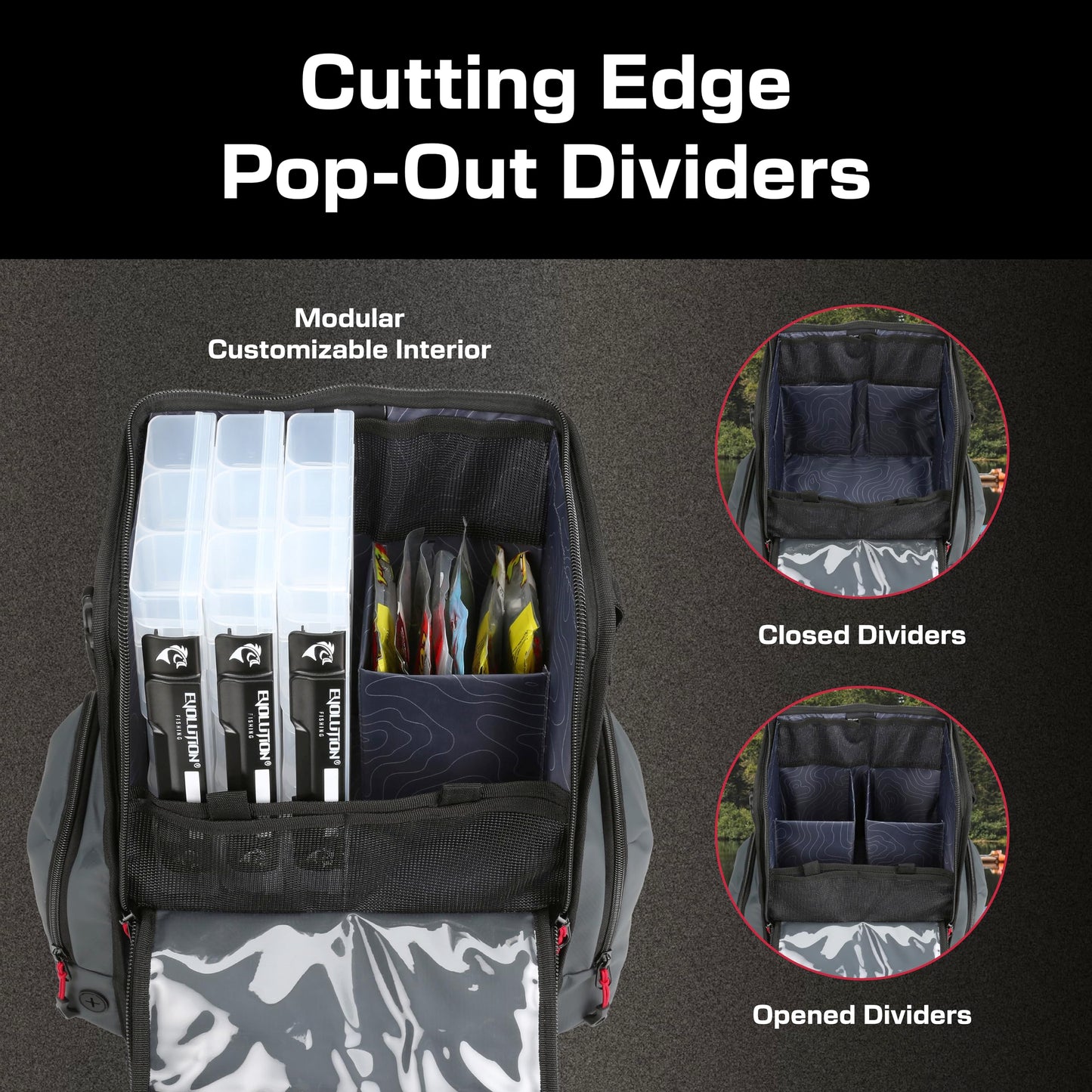 Evolution Outdoor Fishing Largemouth 3.0 Tackle Backpack - Patent Pending Modular Dividers, Rod Holders, Heavy Duty Fishing Backpack, Includes Quiklatch Tackle Trays